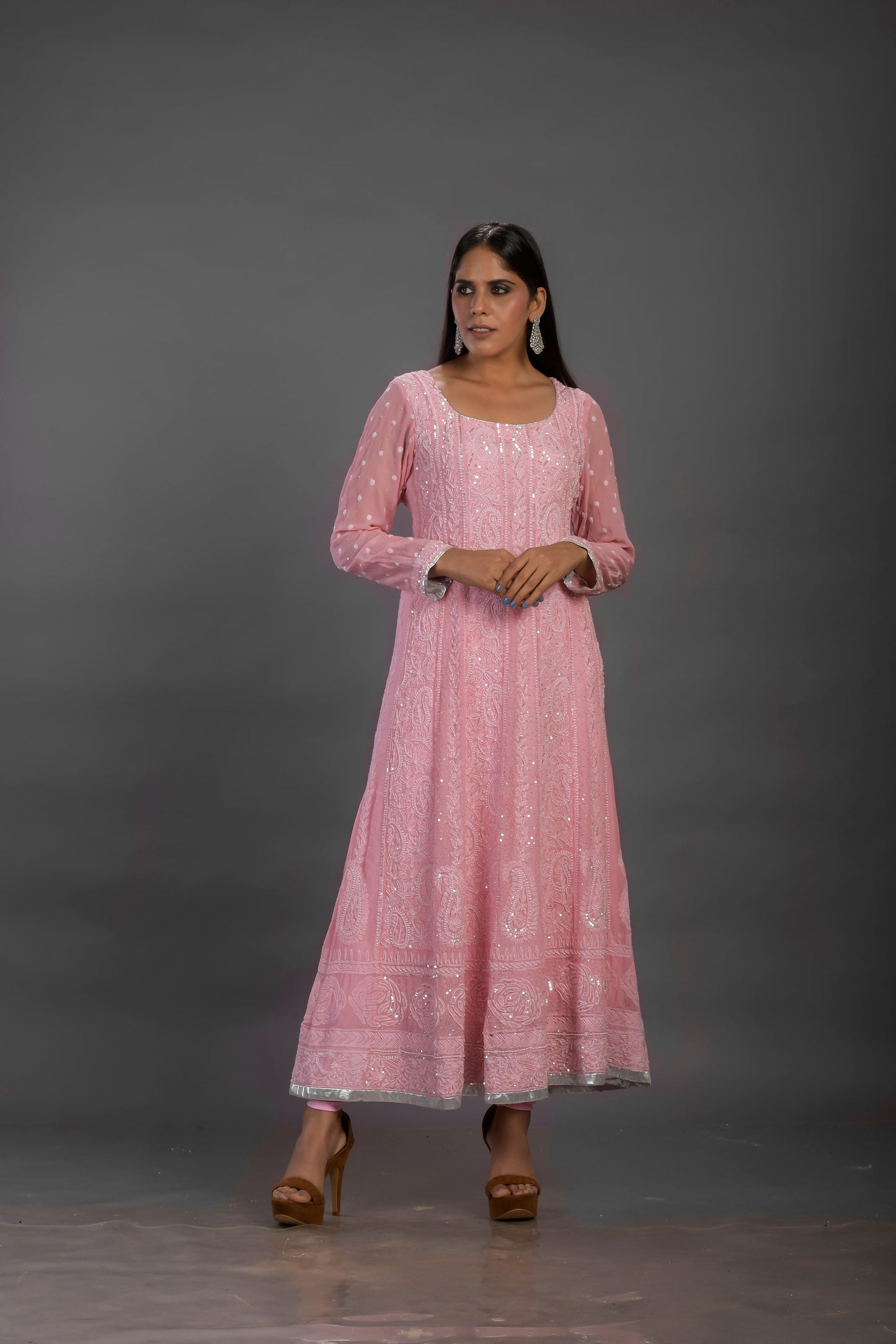 Pink Georgette Anarkali with White Sequin & Japanese Pearls