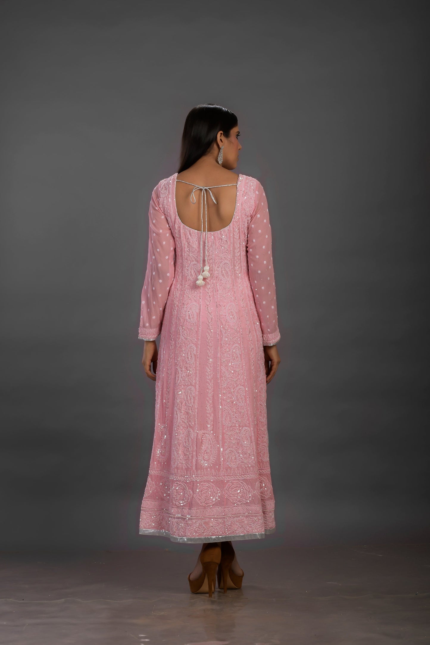 Pink Georgette Anarkali with White Sequin & Japanese Pearls