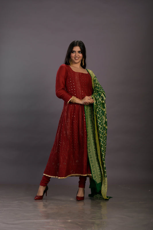 Maroon Anarkali Chanderi Silk with Chikankari work