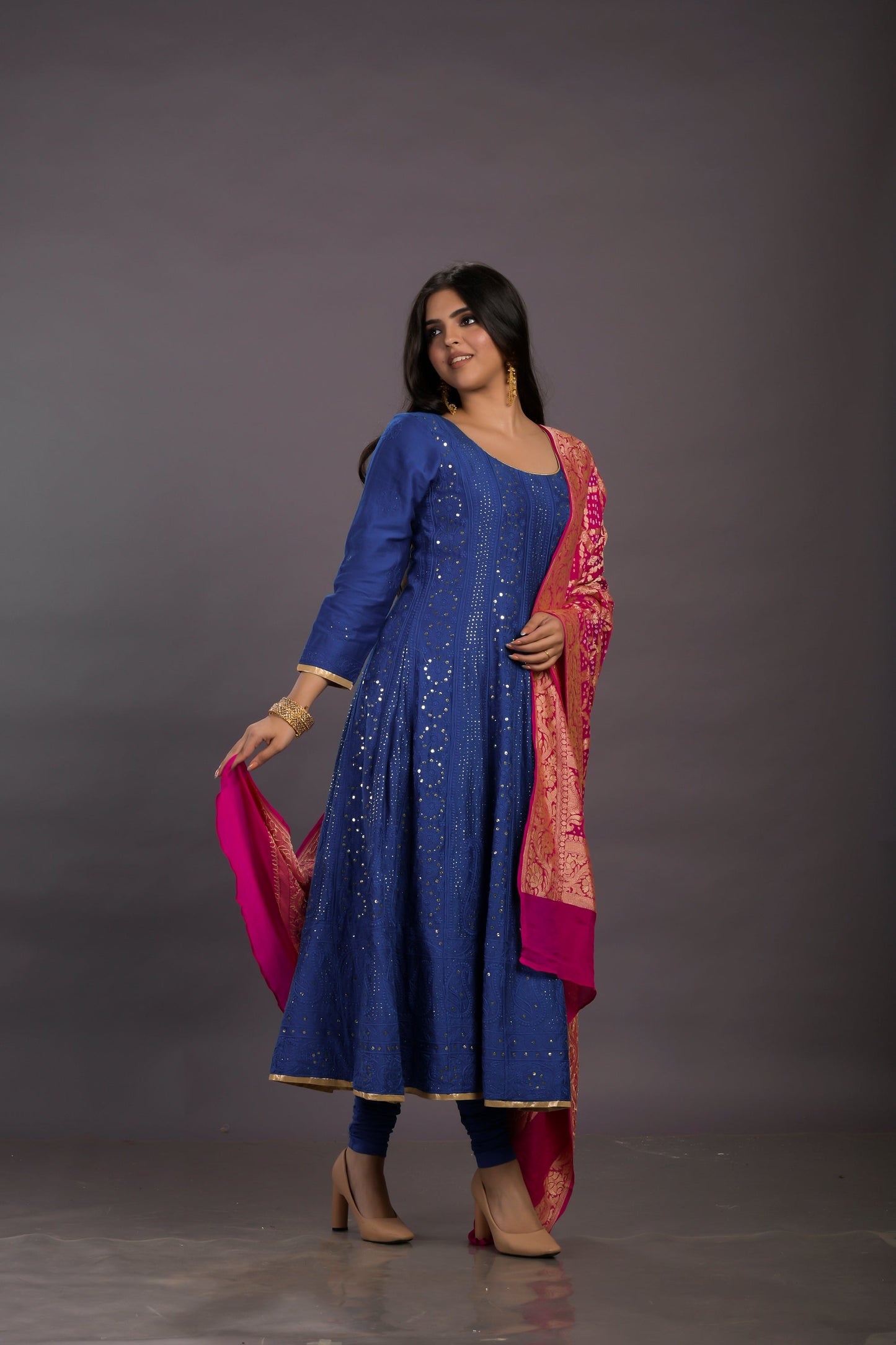 Deep Blue Chanderi Silk Anarkali With Chikankari Work