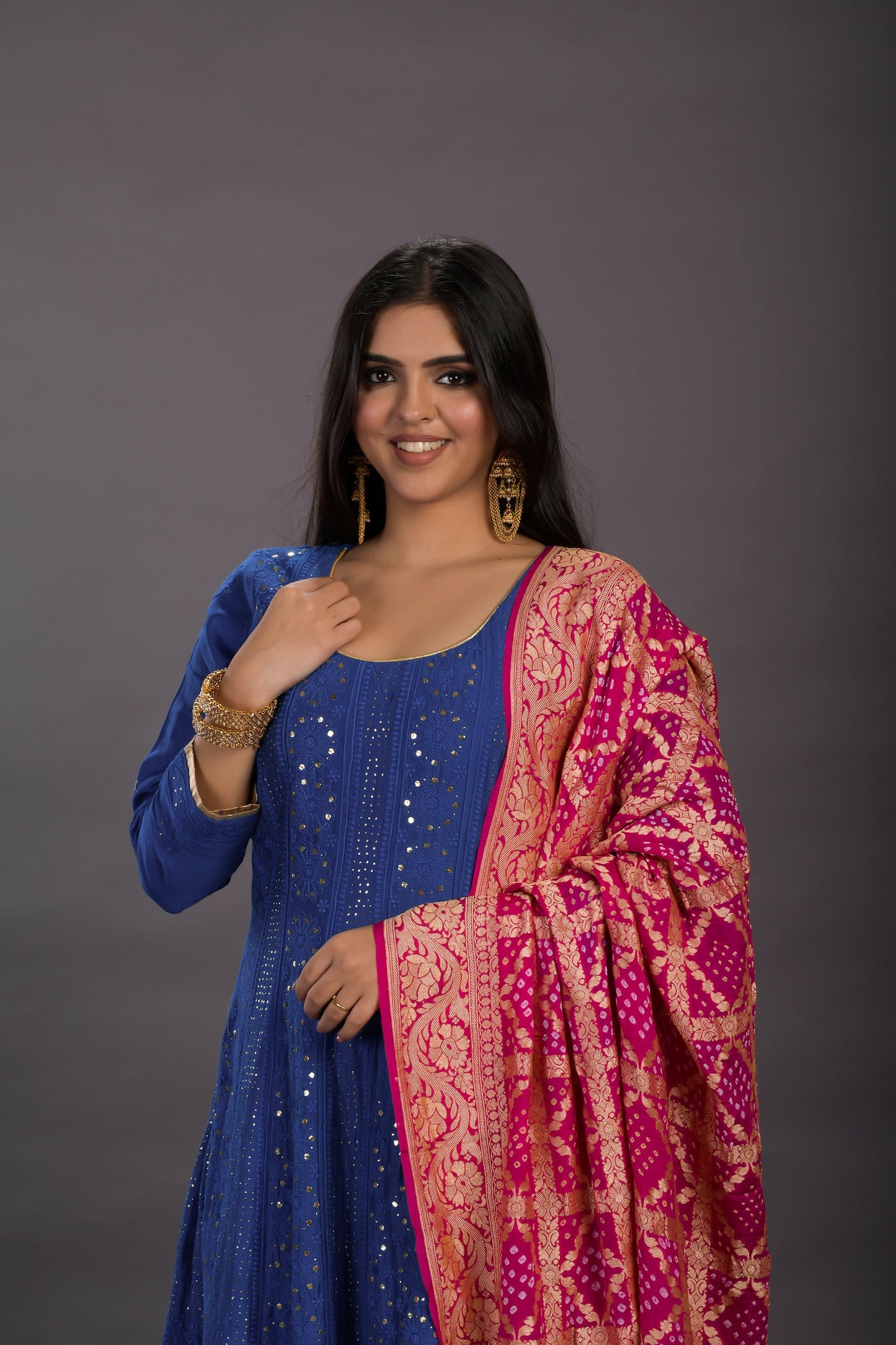 Deep Blue Chanderi Silk Anarkali With Chikankari Work