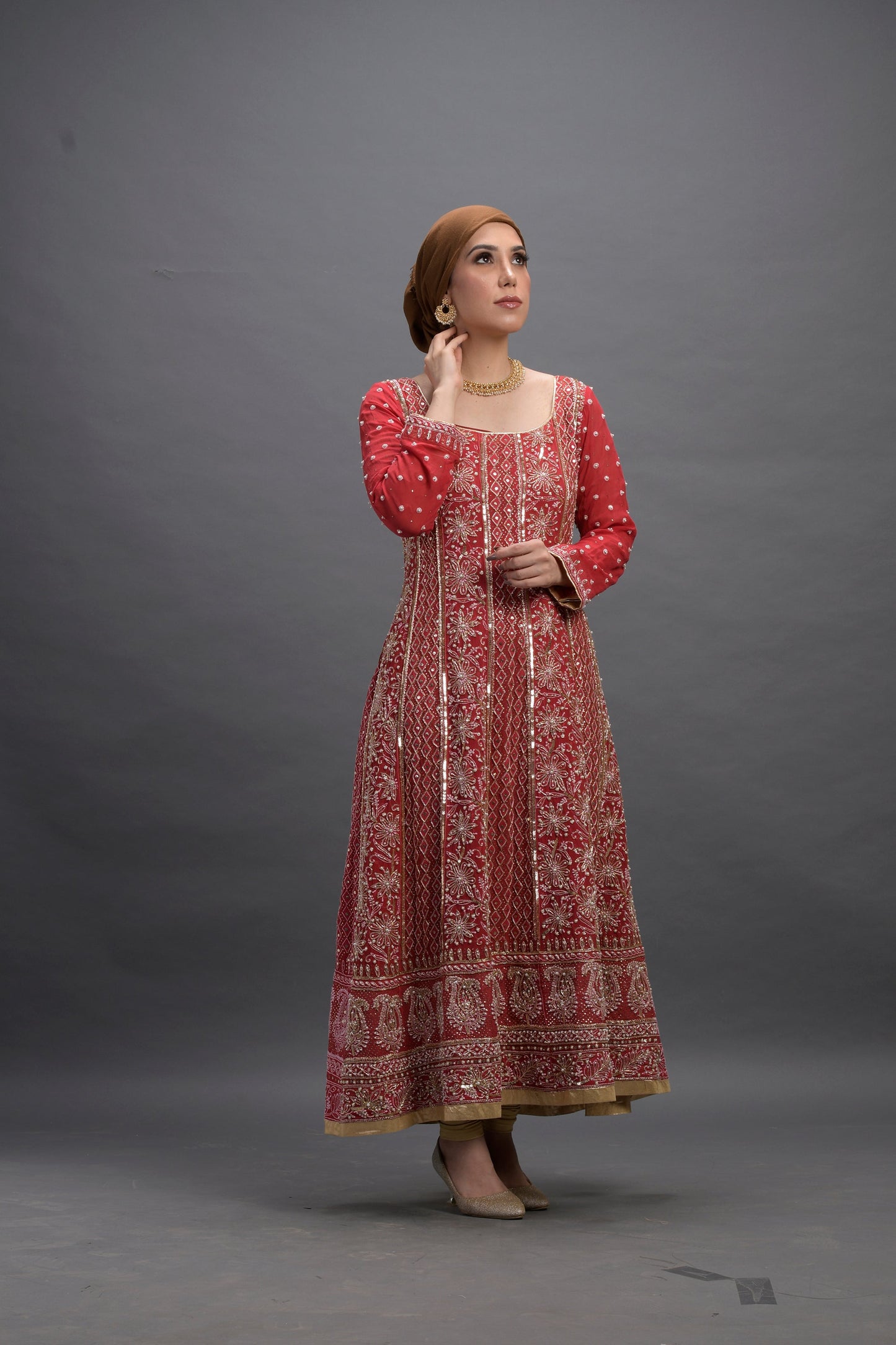 Bright Red Color Chikankari Work Anarkali