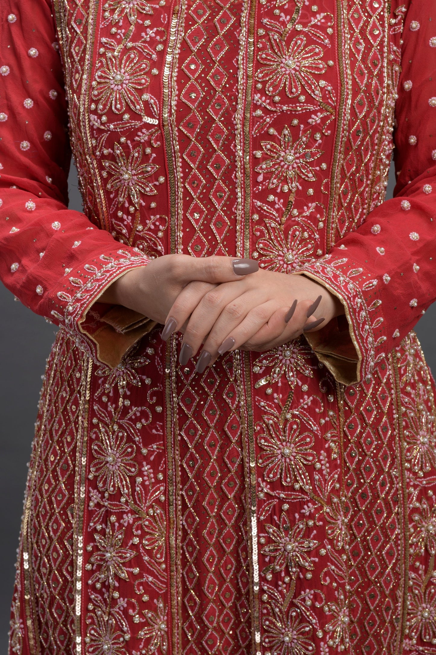 Bright Red Color Chikankari Work Anarkali