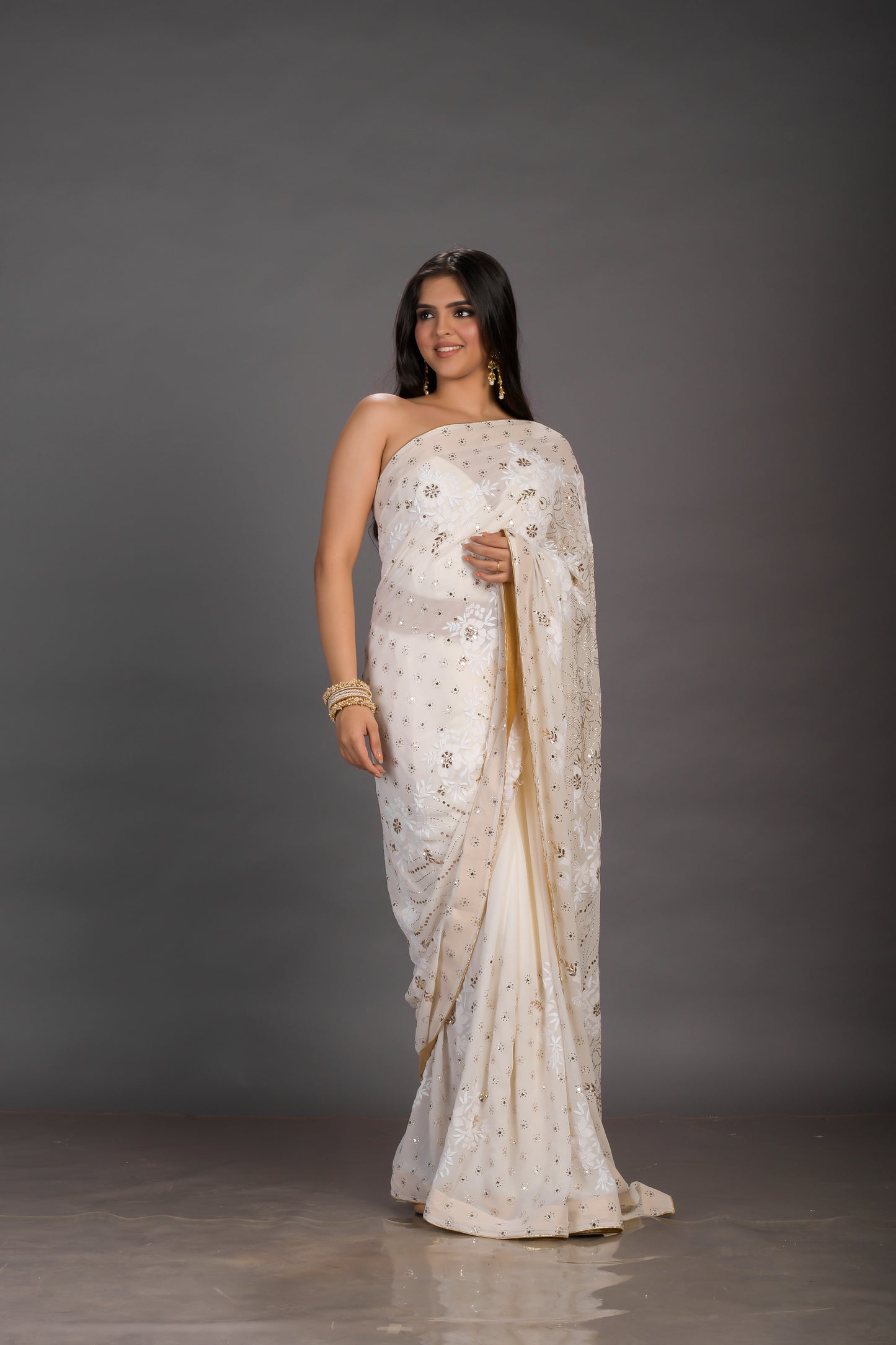 White Saree chikankari saree with customized mukaish