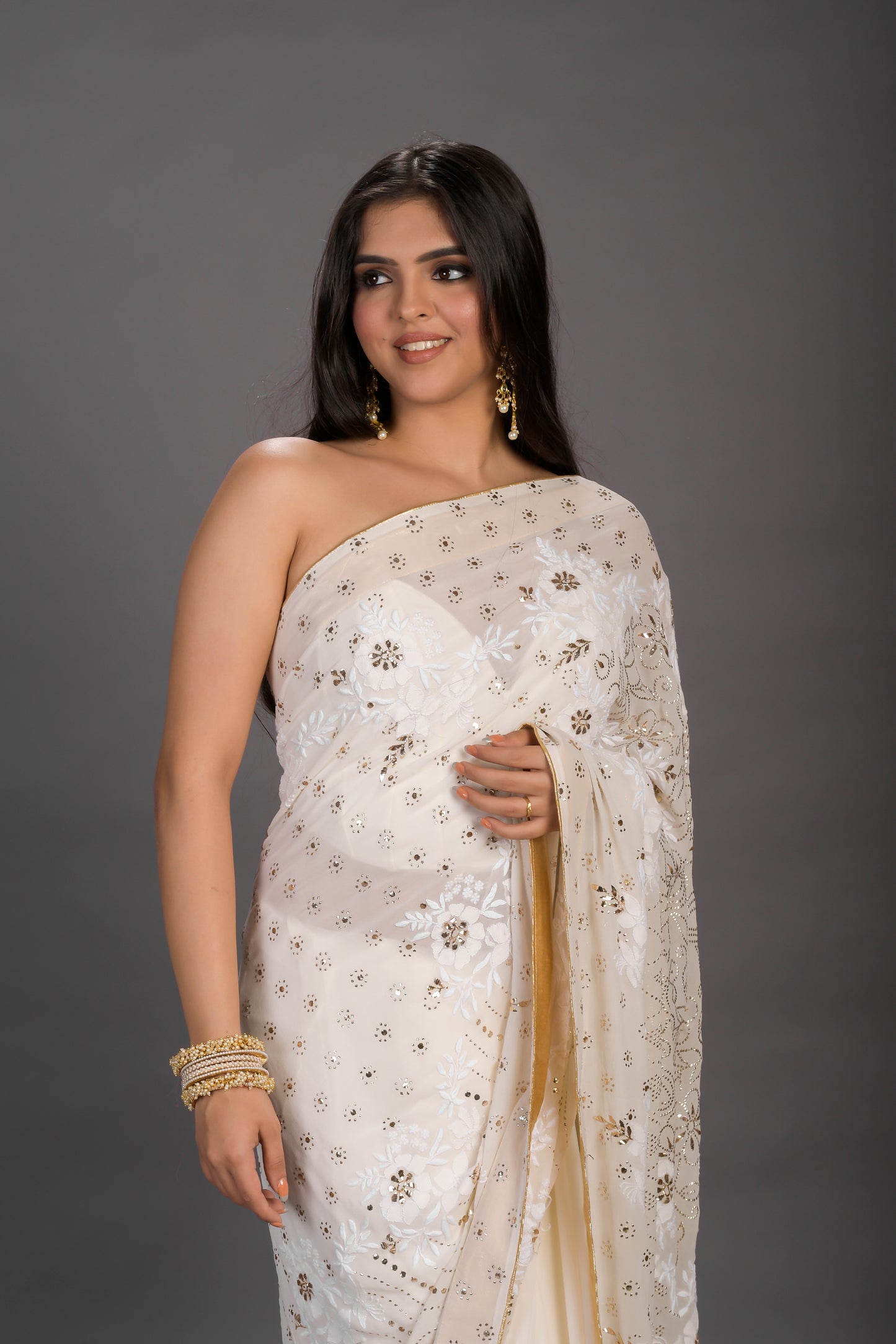 White Saree chikankari saree with customized mukaish