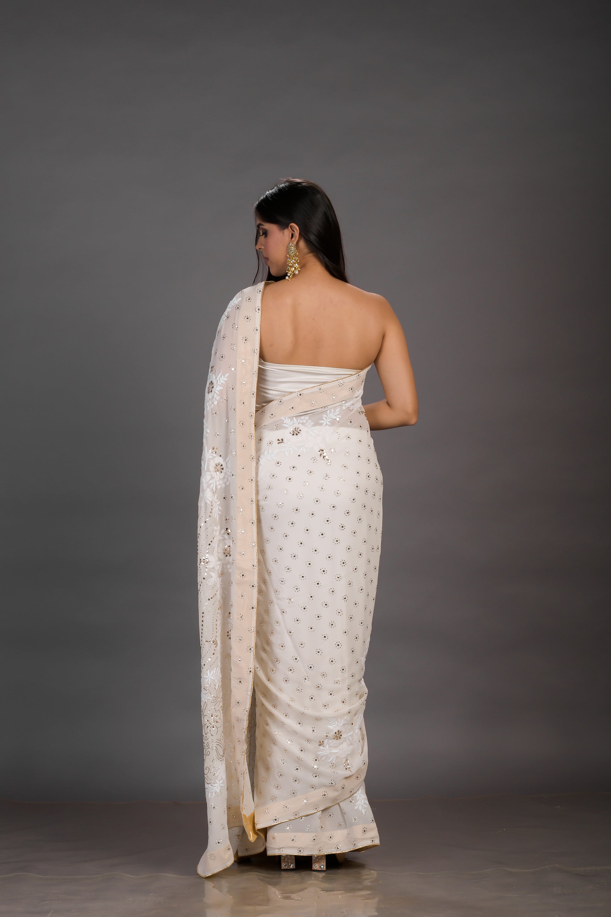 White Saree chikankari saree with customized mukaish