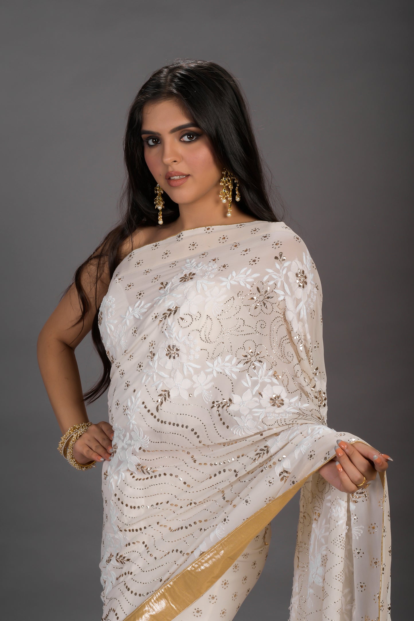 White Saree chikankari saree with customized mukaish