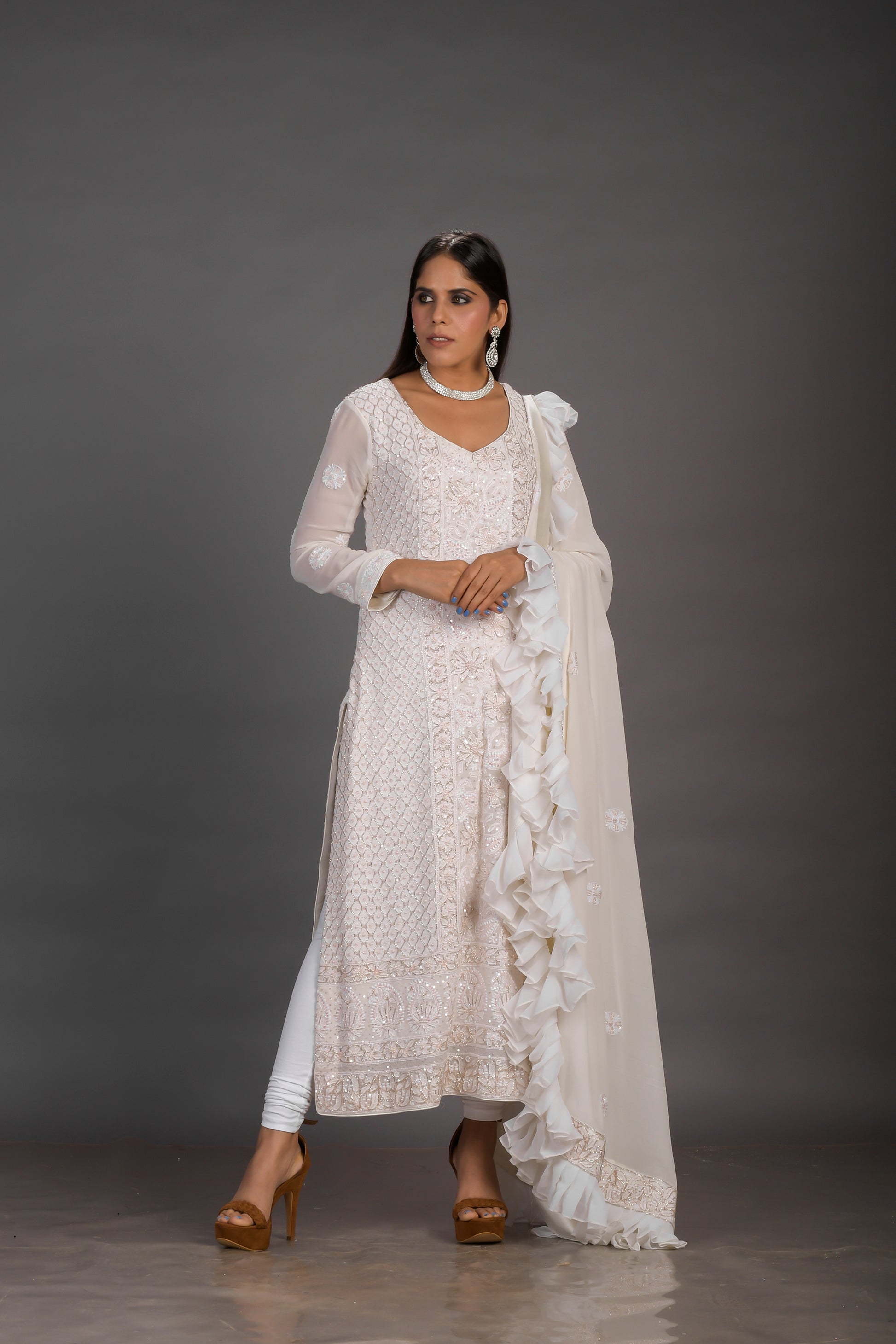 White Chikankari Suit With Peach Embellishments for Wedding guest