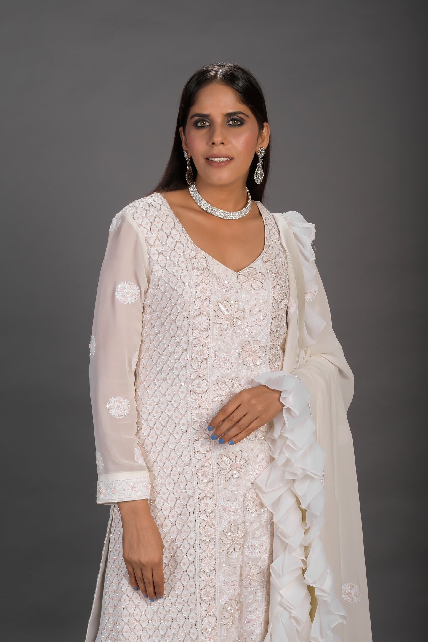 White Chikankari Suit With Peach Embellishments for Wedding guest