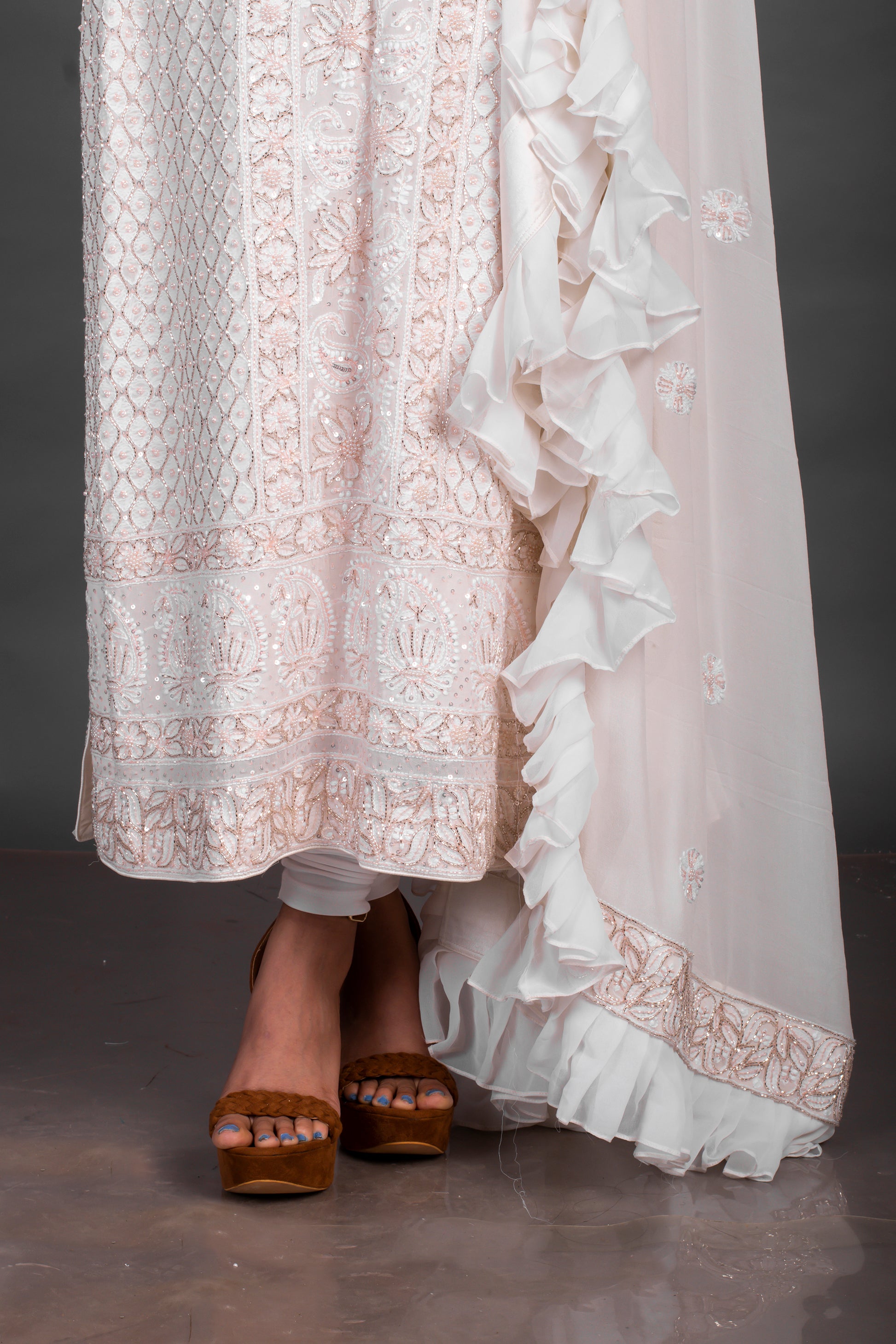 White Chikankari Suit With Peach Embellishments for Wedding guest