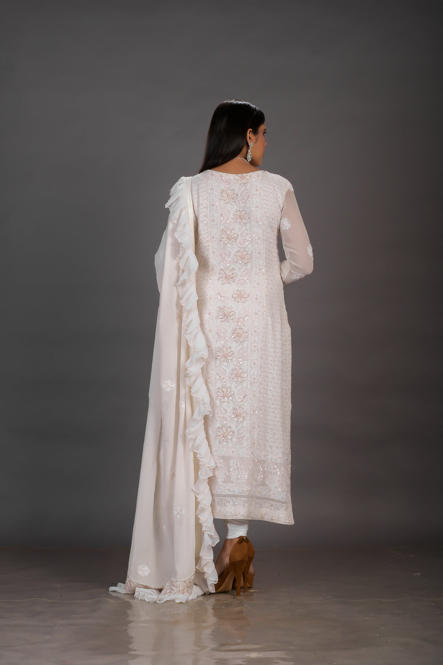 White Chikankari Suit With Peach Embellishments for Wedding guest