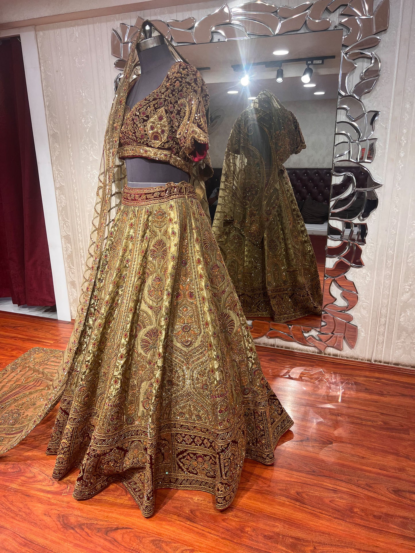 Designer Mehendi Brocade Hand Embroidered Dilbaug Bridal Lehenga