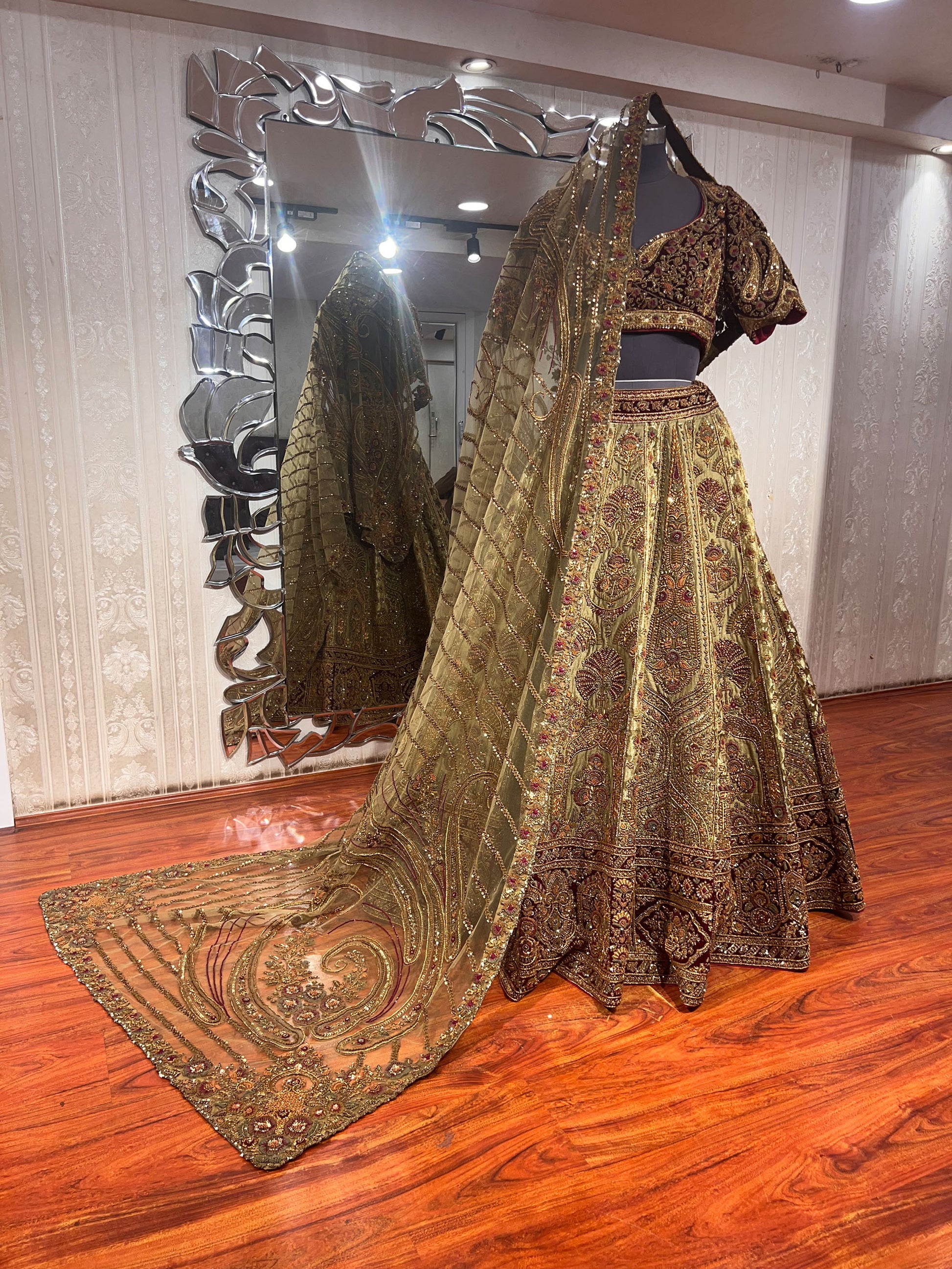 Designer Mehendi Brocade Hand Embroidered Dilbaug Bridal LehengaDesigner Mehendi Brocade Hand Embroidered Dilbaug Bridal Lehenga