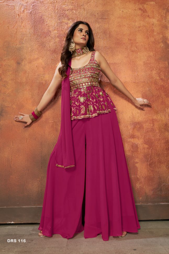 Designer Dark Pink Dress With Golden Thread Embroidery