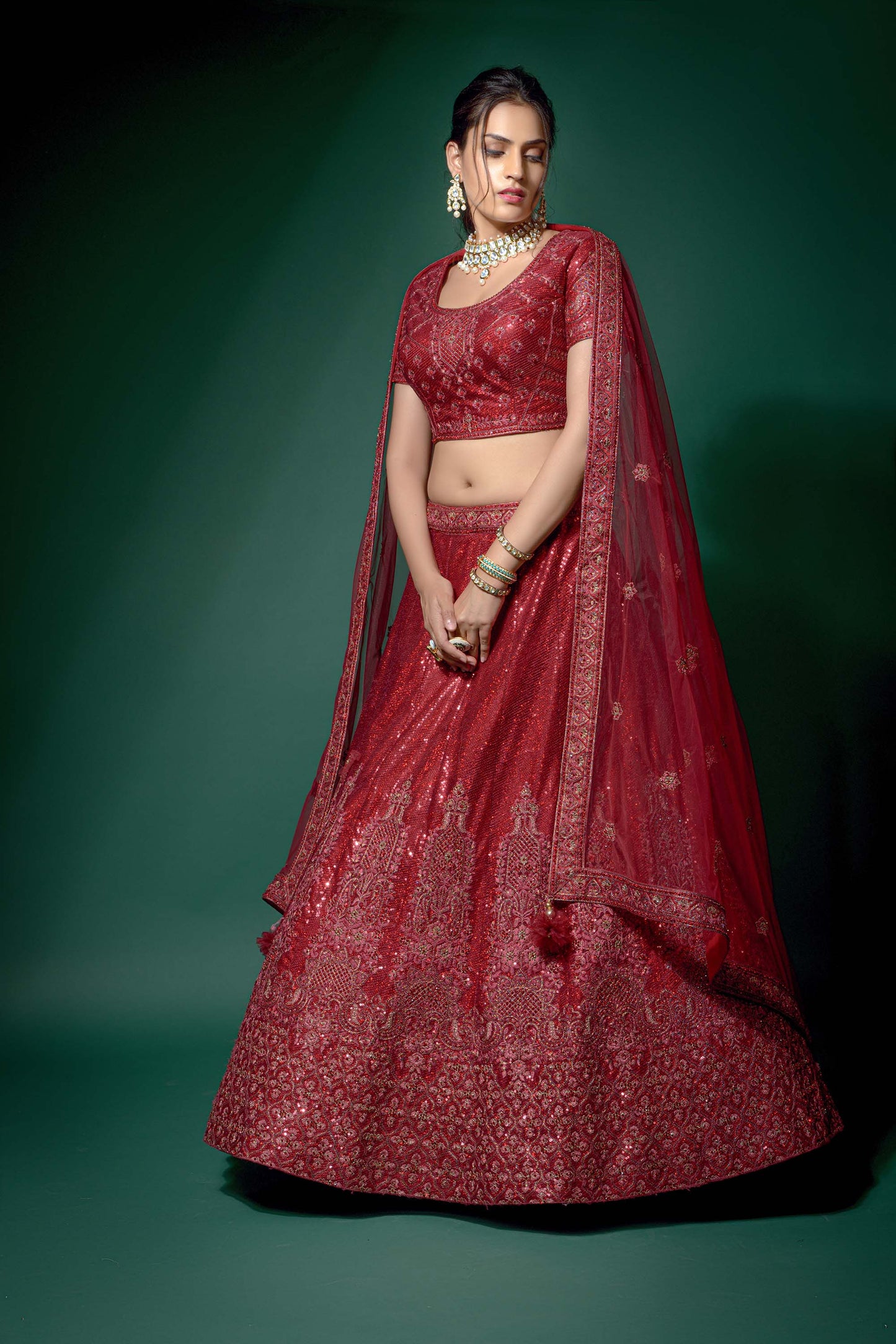 Lovely Red Color Heavy Embroidered Net Lehenga