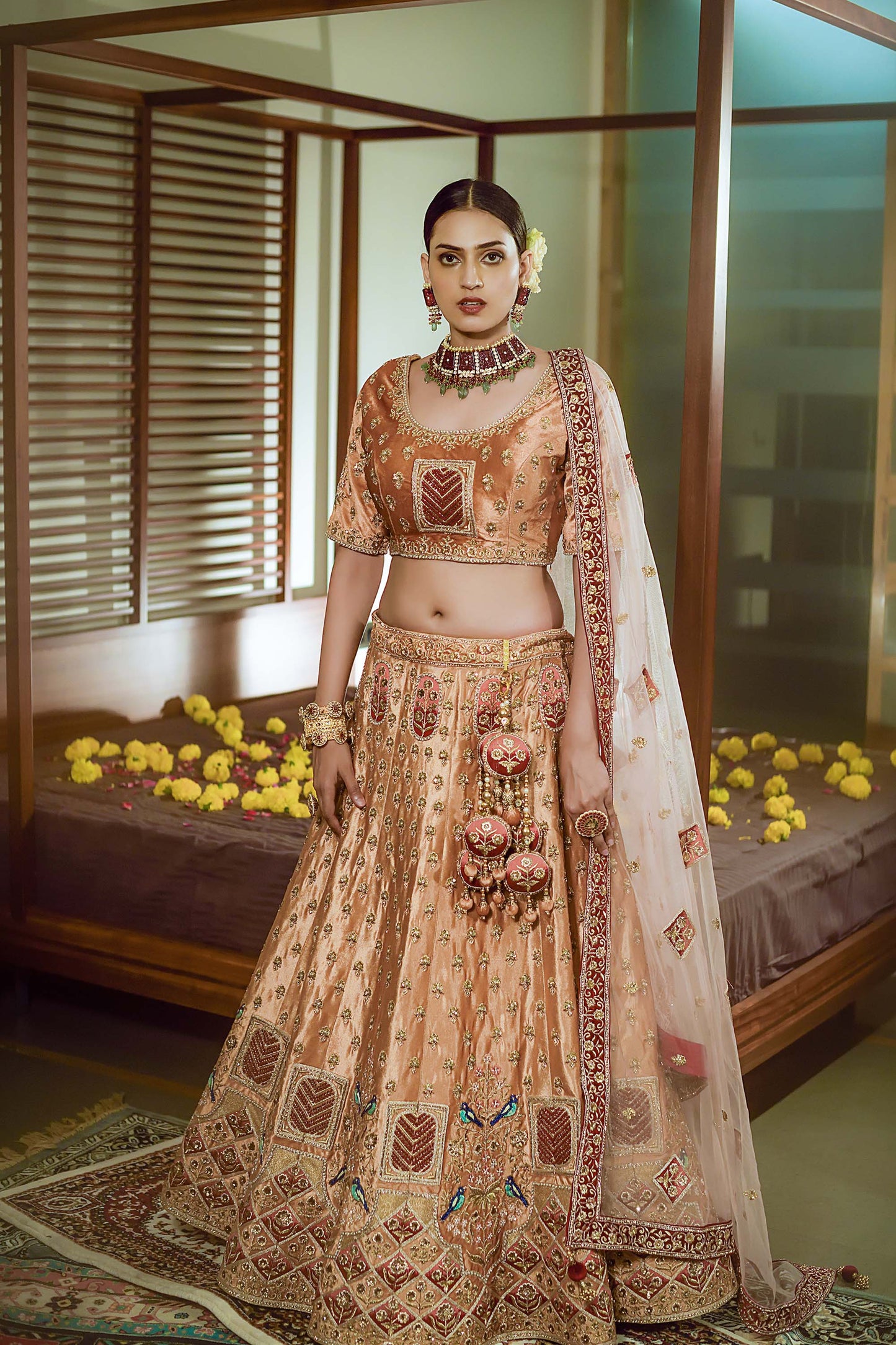 Dazzling Brown Embroidered Velvet Bridal Lehenga