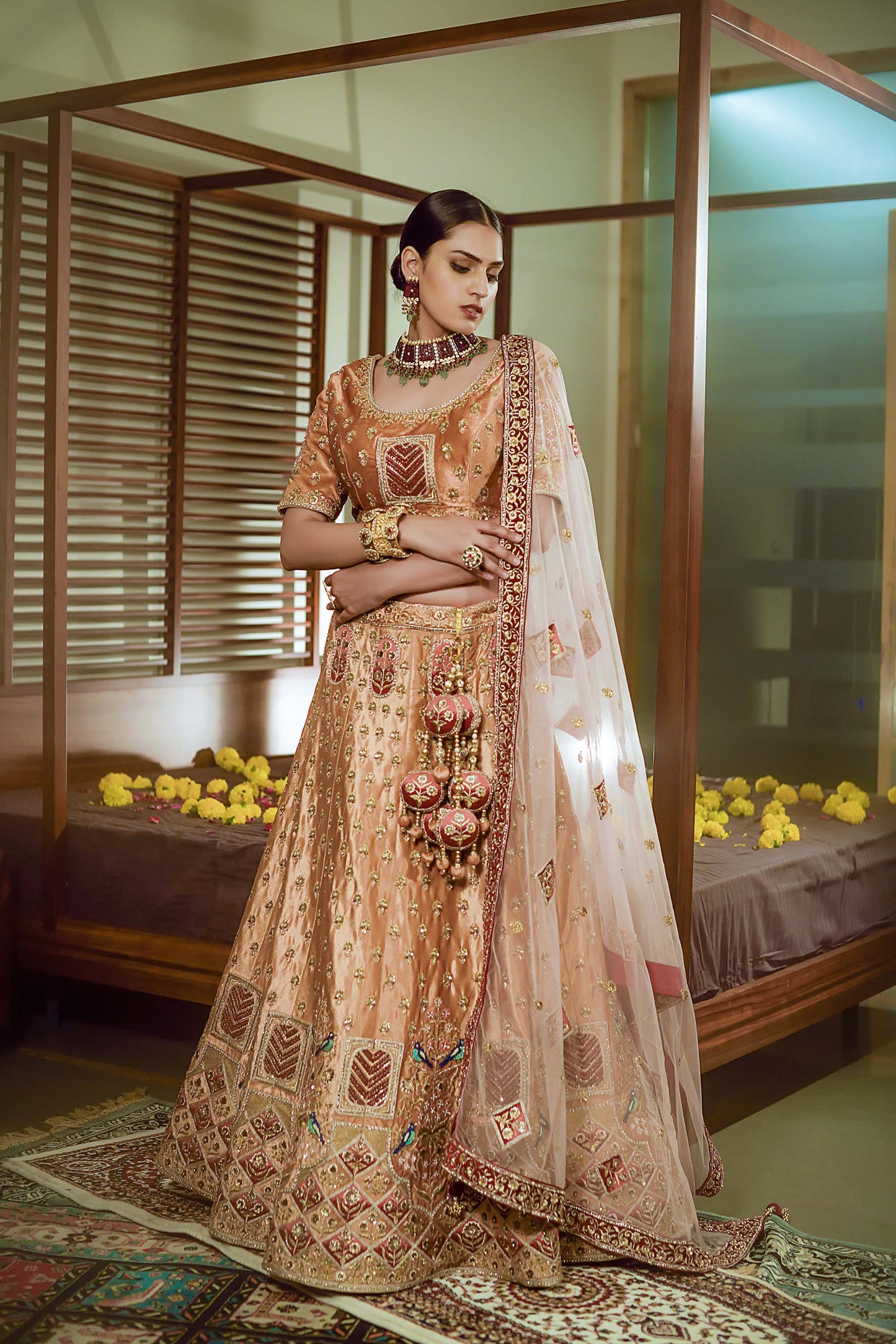 Dazzling Brown Embroidered Velvet Bridal Lehenga