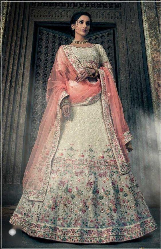    Off White Georgette Embroidered Heavy Lehenga Choli-Women-Glamou  al