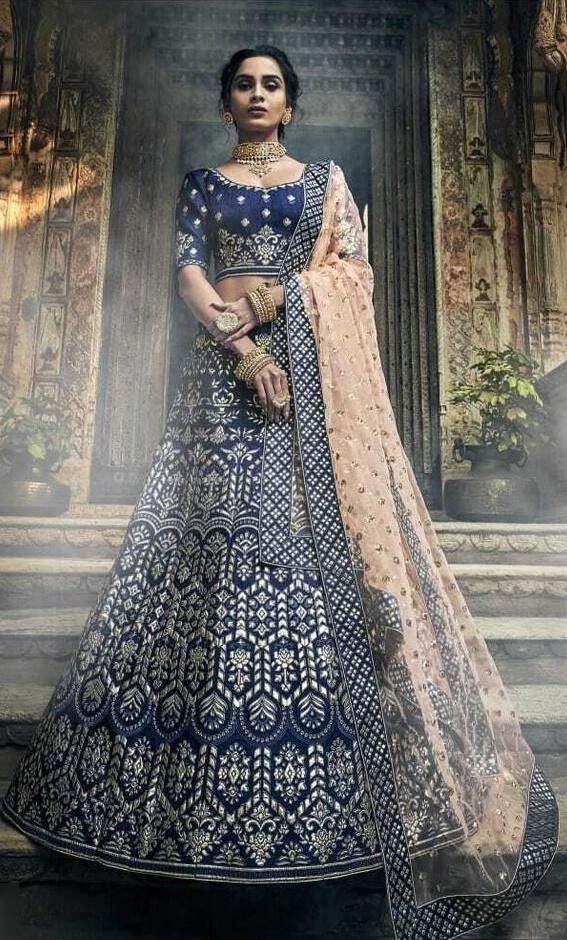    Navy Blue Embroidered Heavy Lehenga Choli-Women-Glamou  al