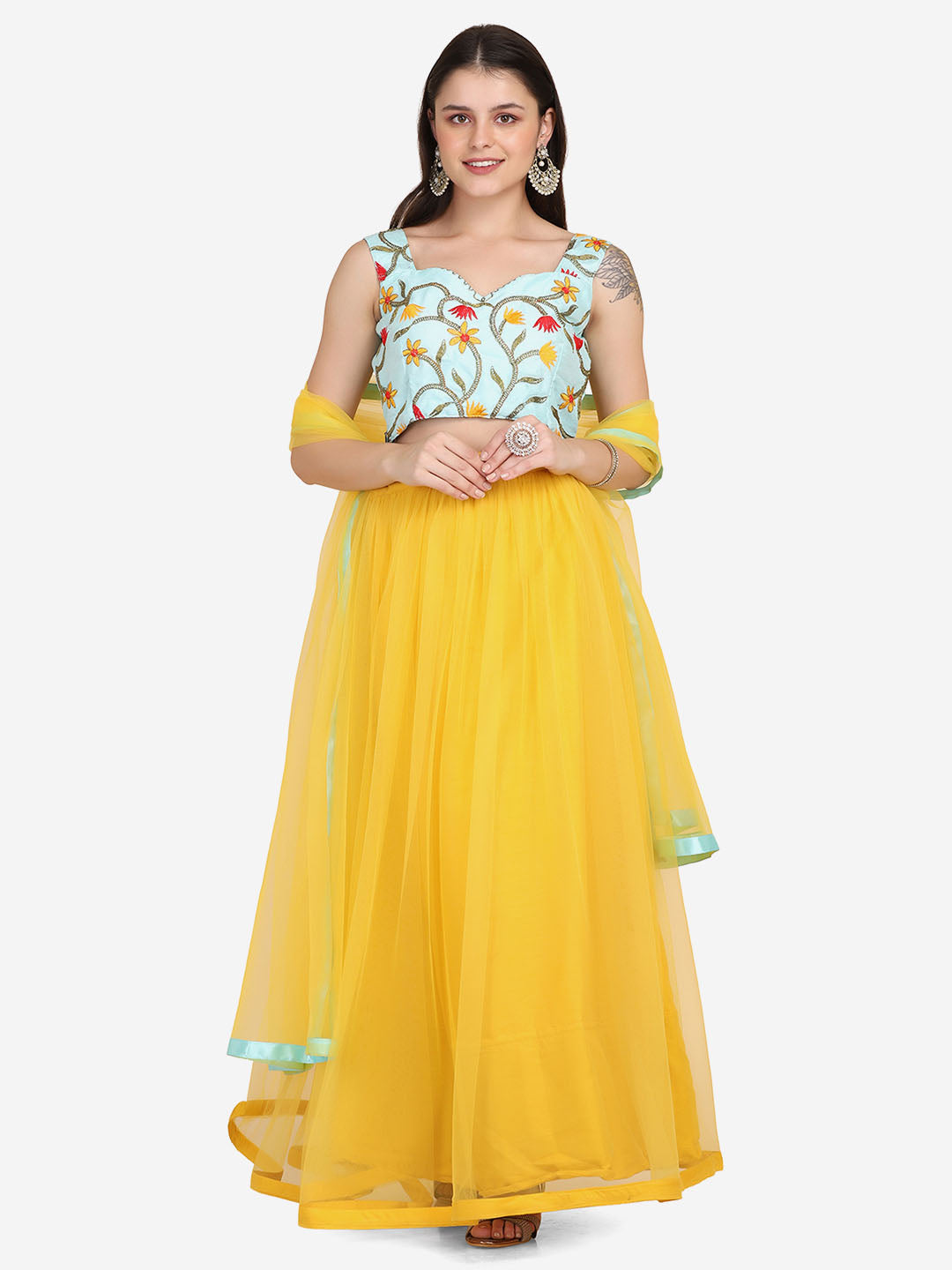 Yellow Color Embroidered Taffeta Silk Lehenga