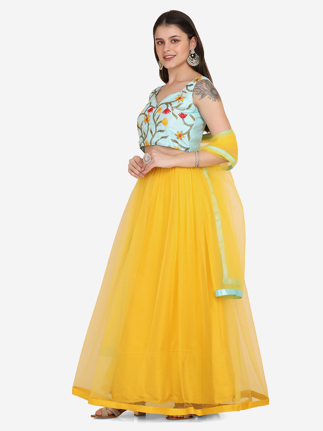 Yellow Color Embroidered Taffeta Silk Lehenga