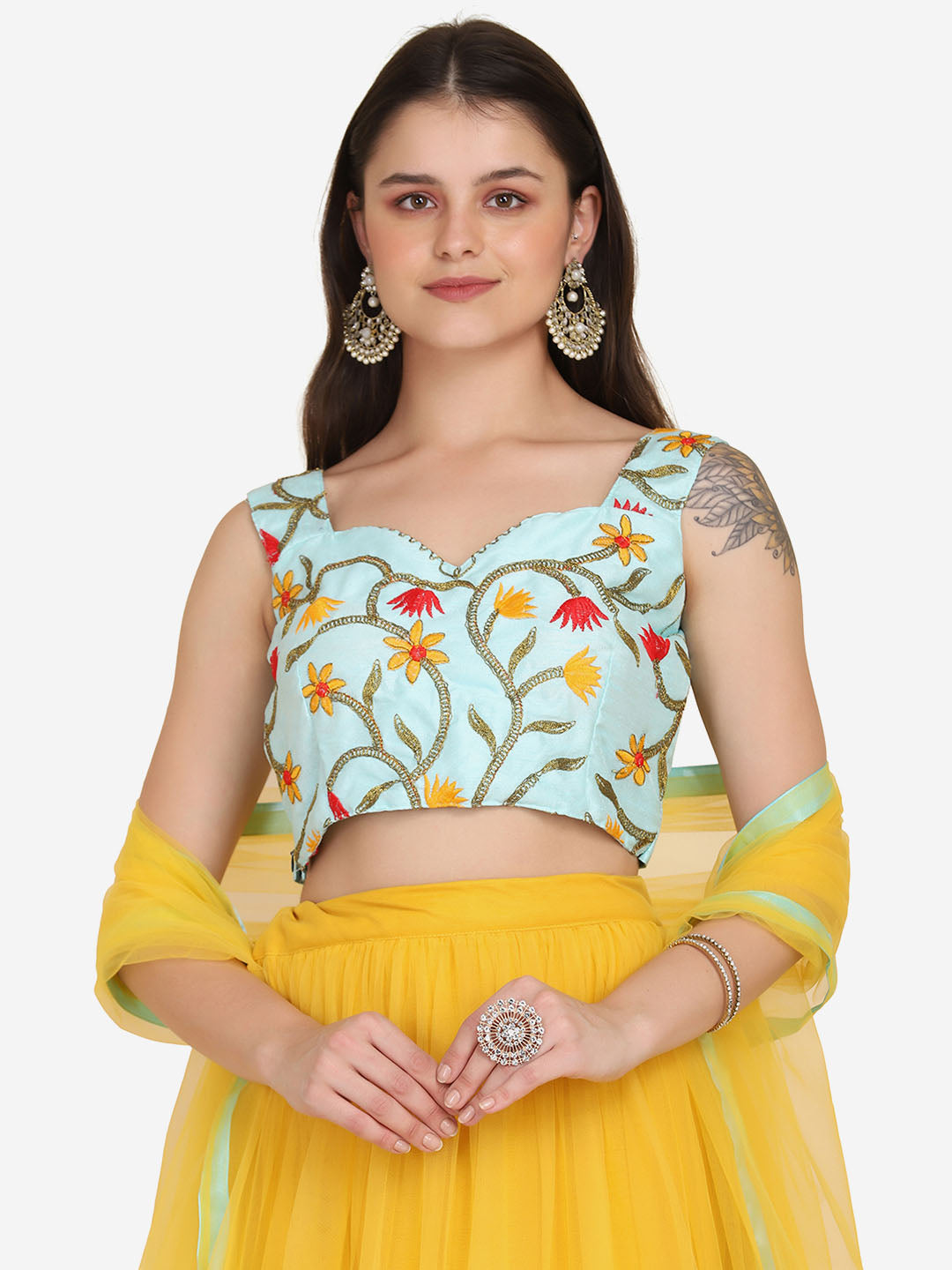 Yellow Color Embroidered Taffeta Silk Lehenga