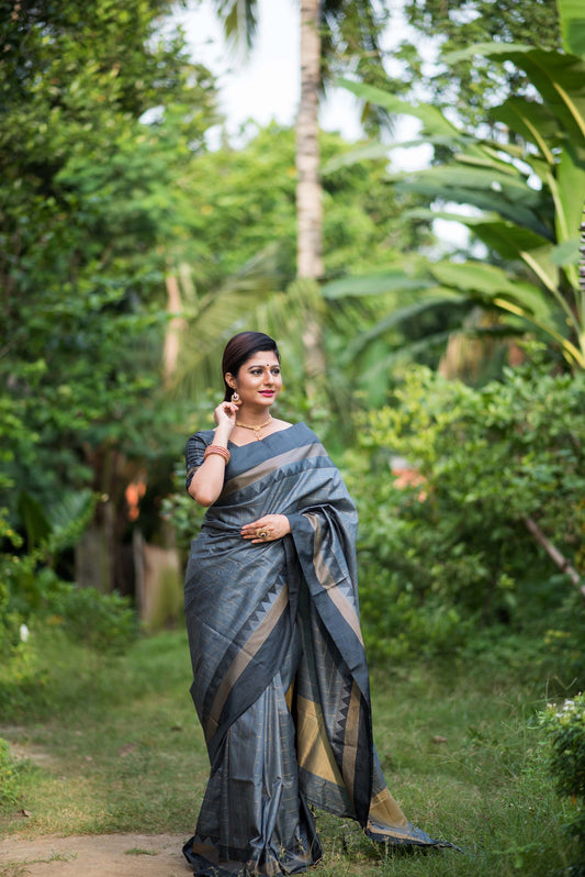 Grey Zari Woven Raw Silk Saree