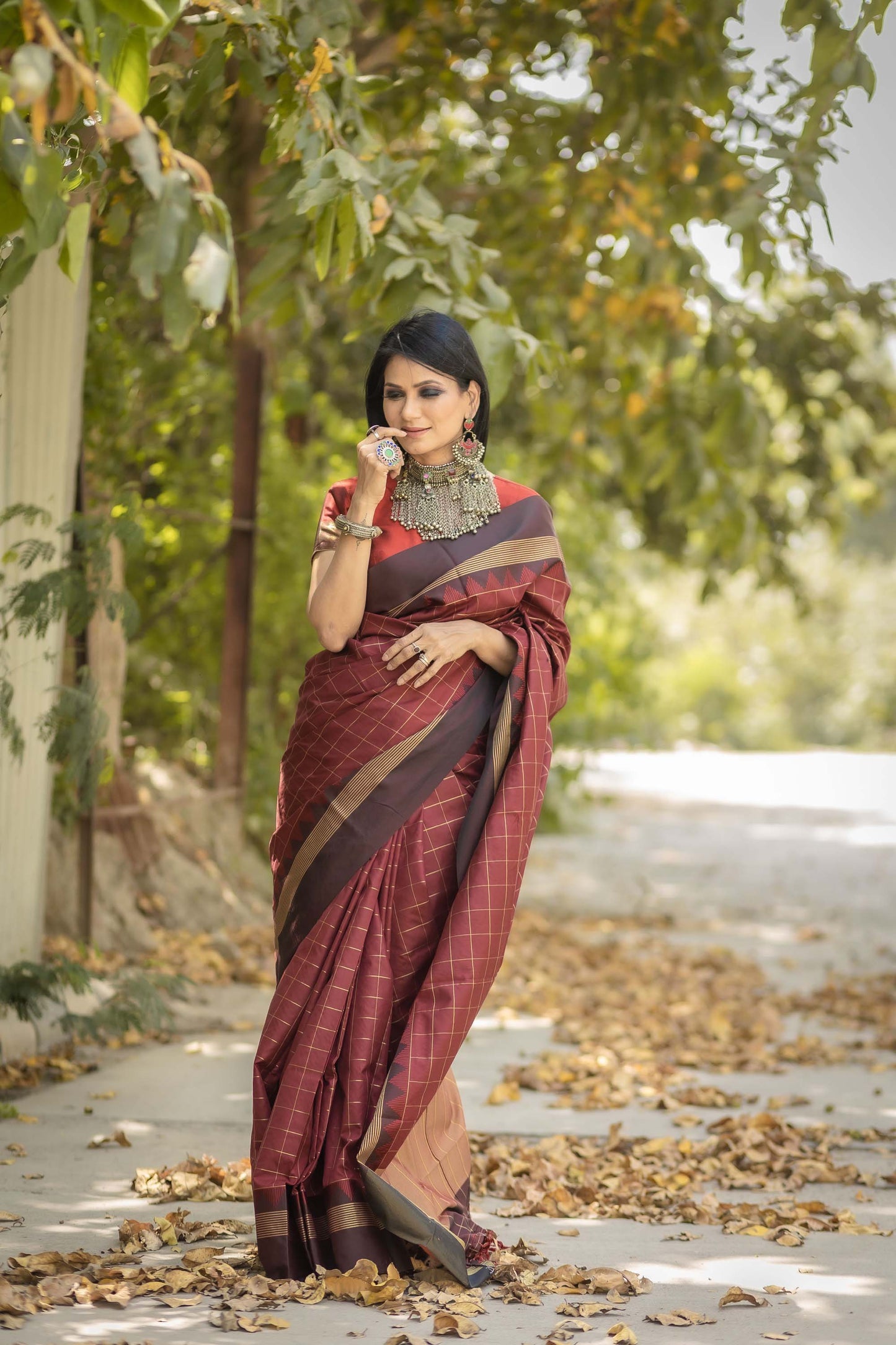 Maroon Zari Woven Raw Silk Saree With Red Blouse