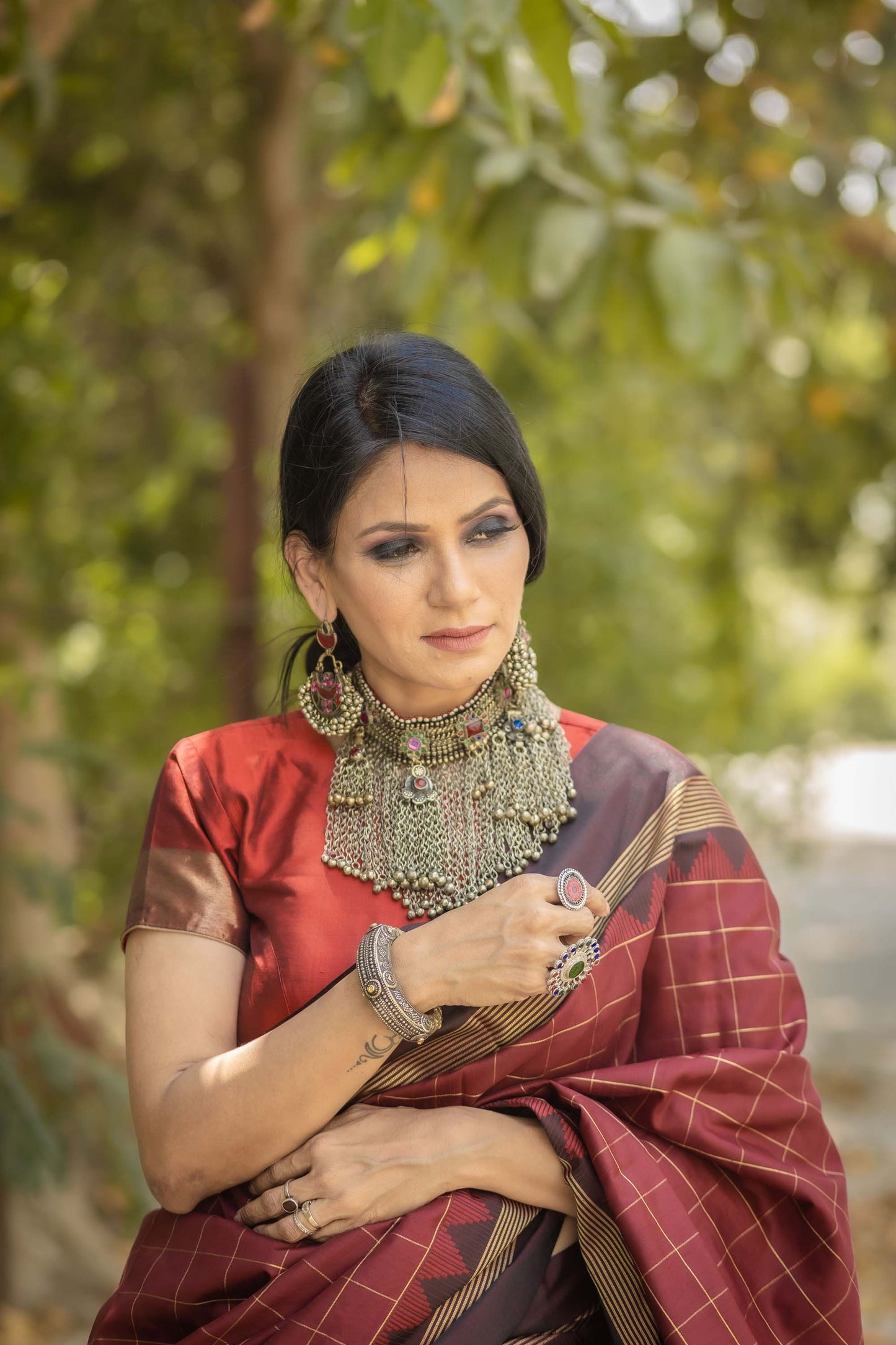 Maroon Zari Woven Raw Silk Saree With Red Blouse