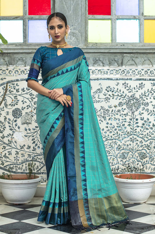 Teal Zari Woven Raw Silk Saree