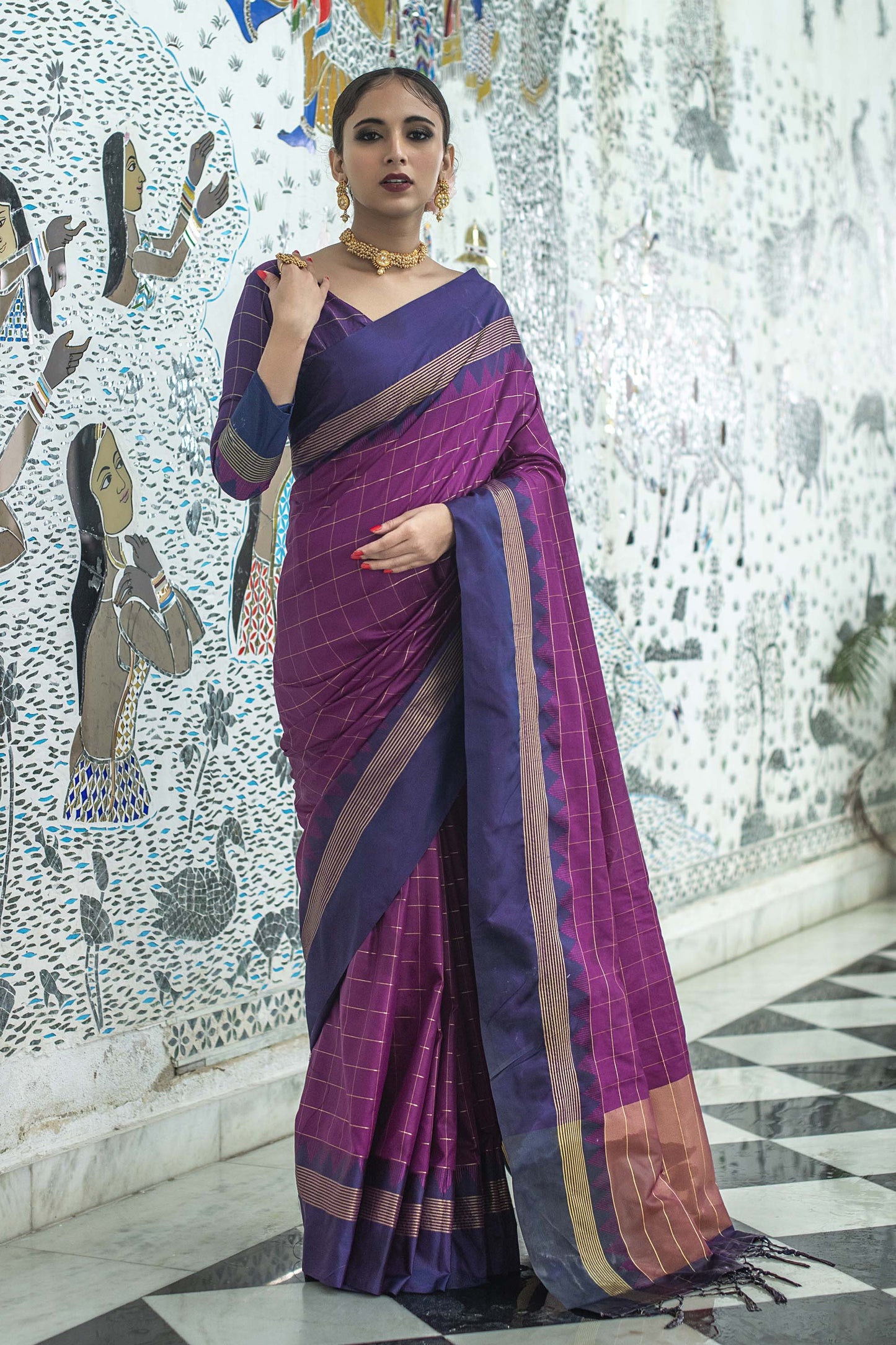 Wine Zari Woven Raw Silk Saree with Purple Blouse