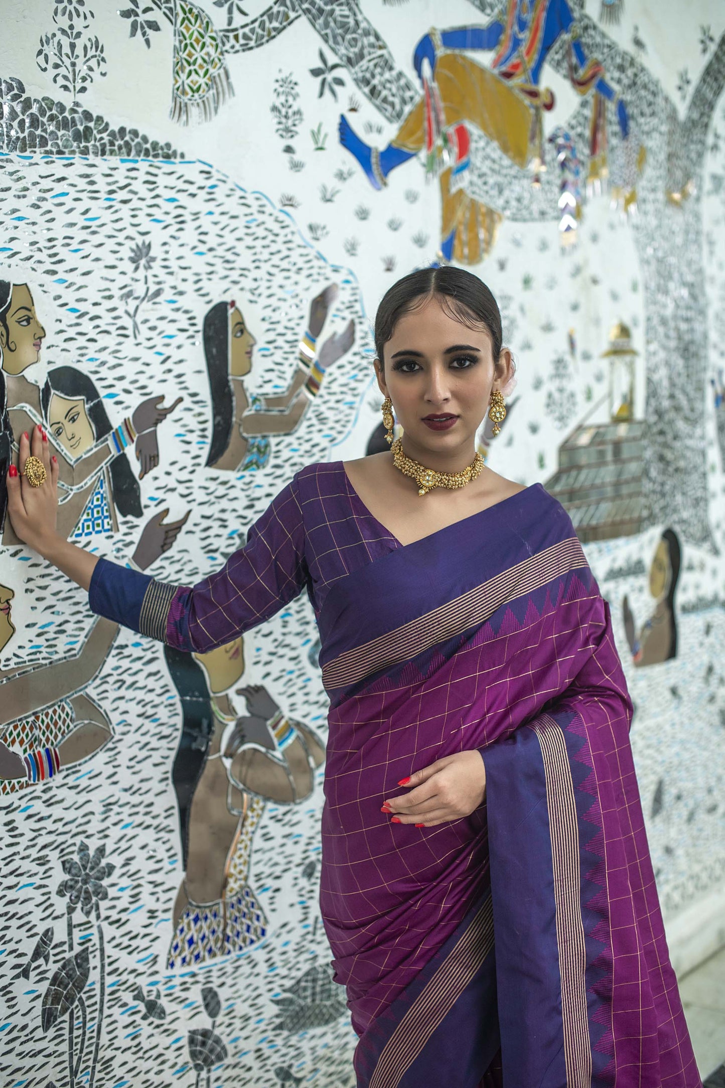 Wine Zari Woven Raw Silk Saree with Purple Blouse