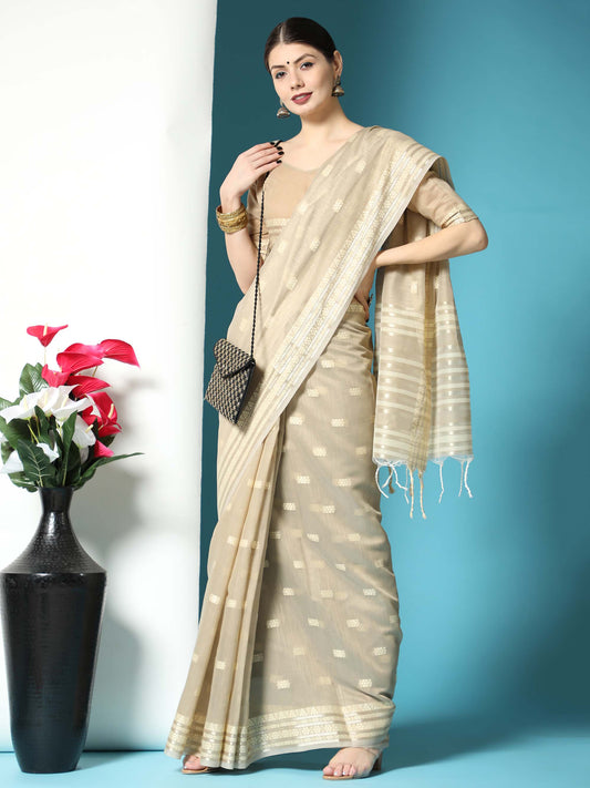 Beige Chikankari Woven Lucknowi Cotton Saree