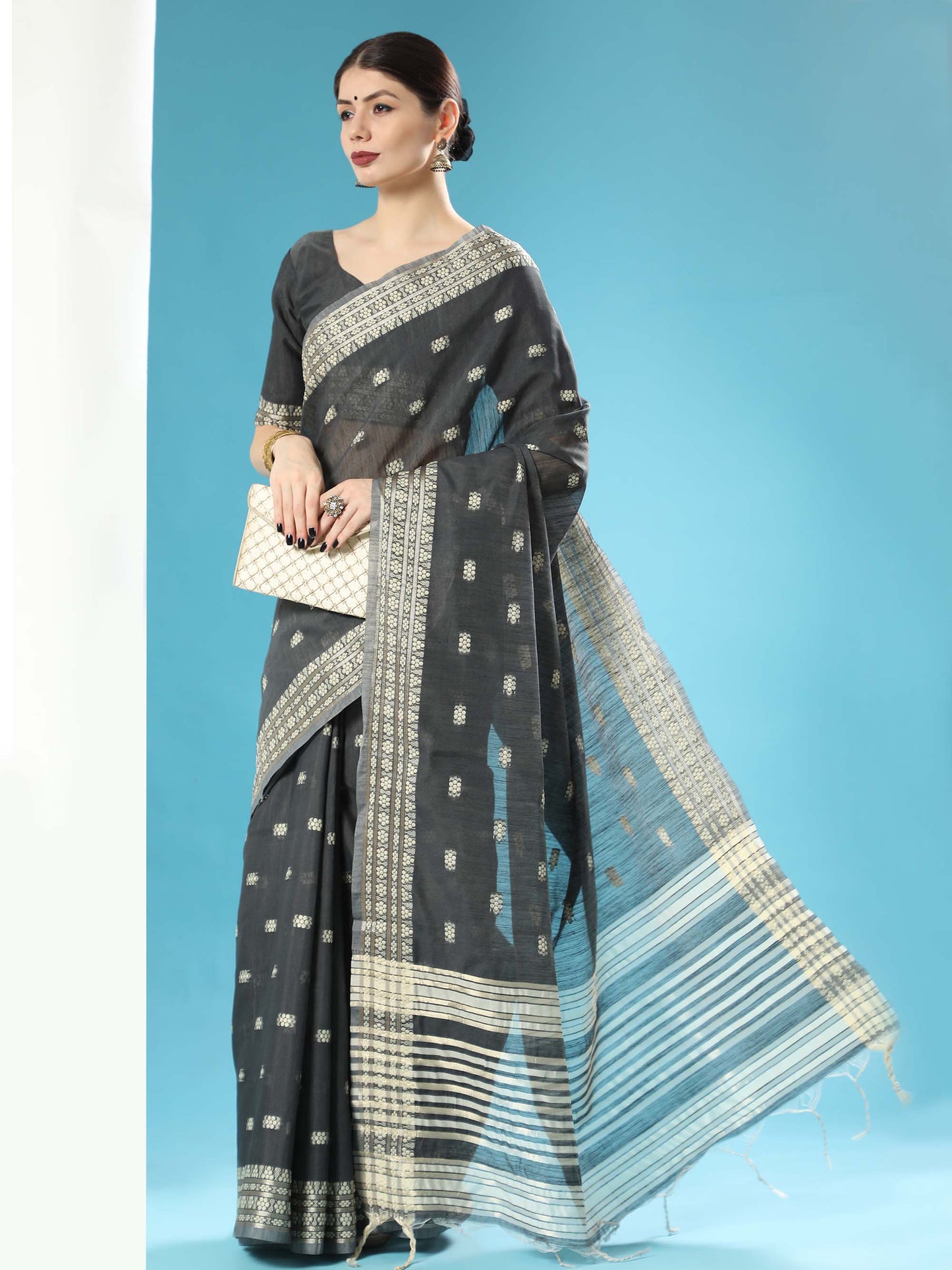 Black Chikankari Woven Lucknowi Cotton Saree