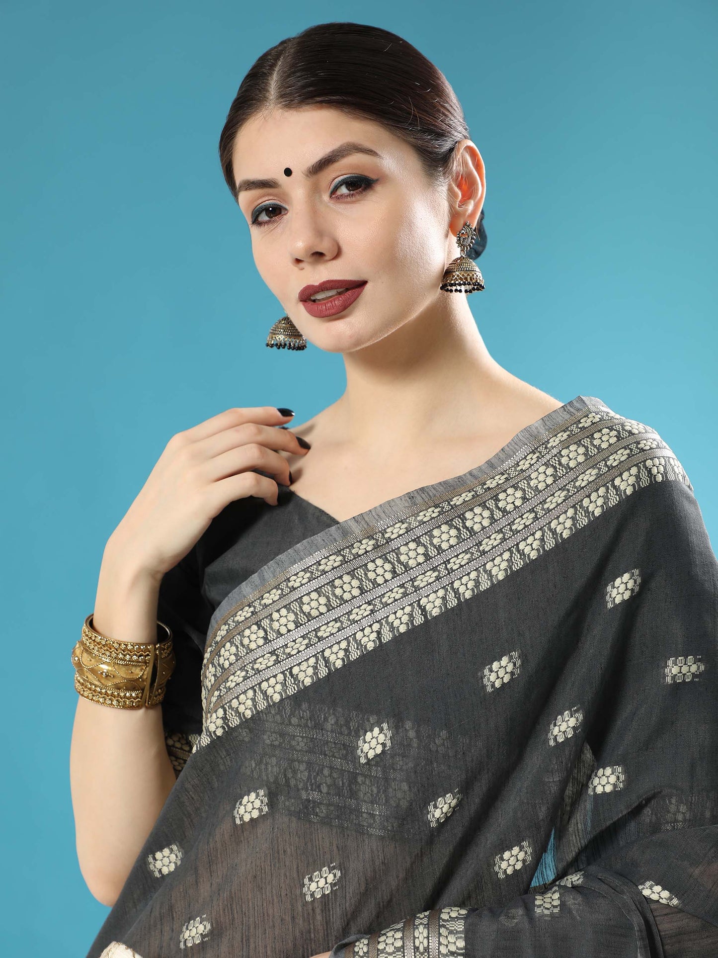 Black Chikankari Woven Lucknowi Cotton Saree