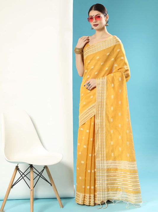 Mustard Chikankari Woven Lucknowi Cotton Saree