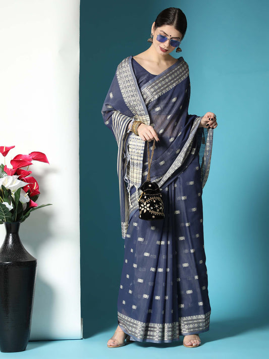 Navy Blue Chikankari Woven Lucknowi Cotton Saree