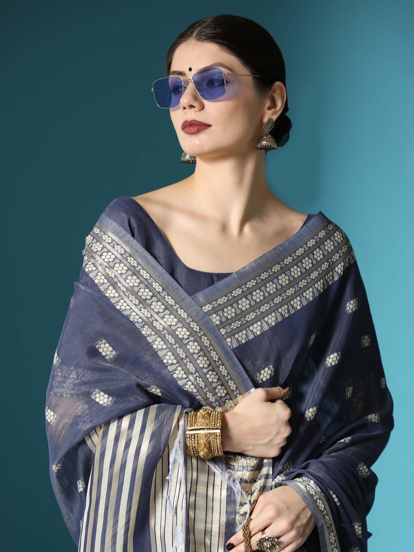 Navy Blue Chikankari Woven Lucknowi Cotton Saree