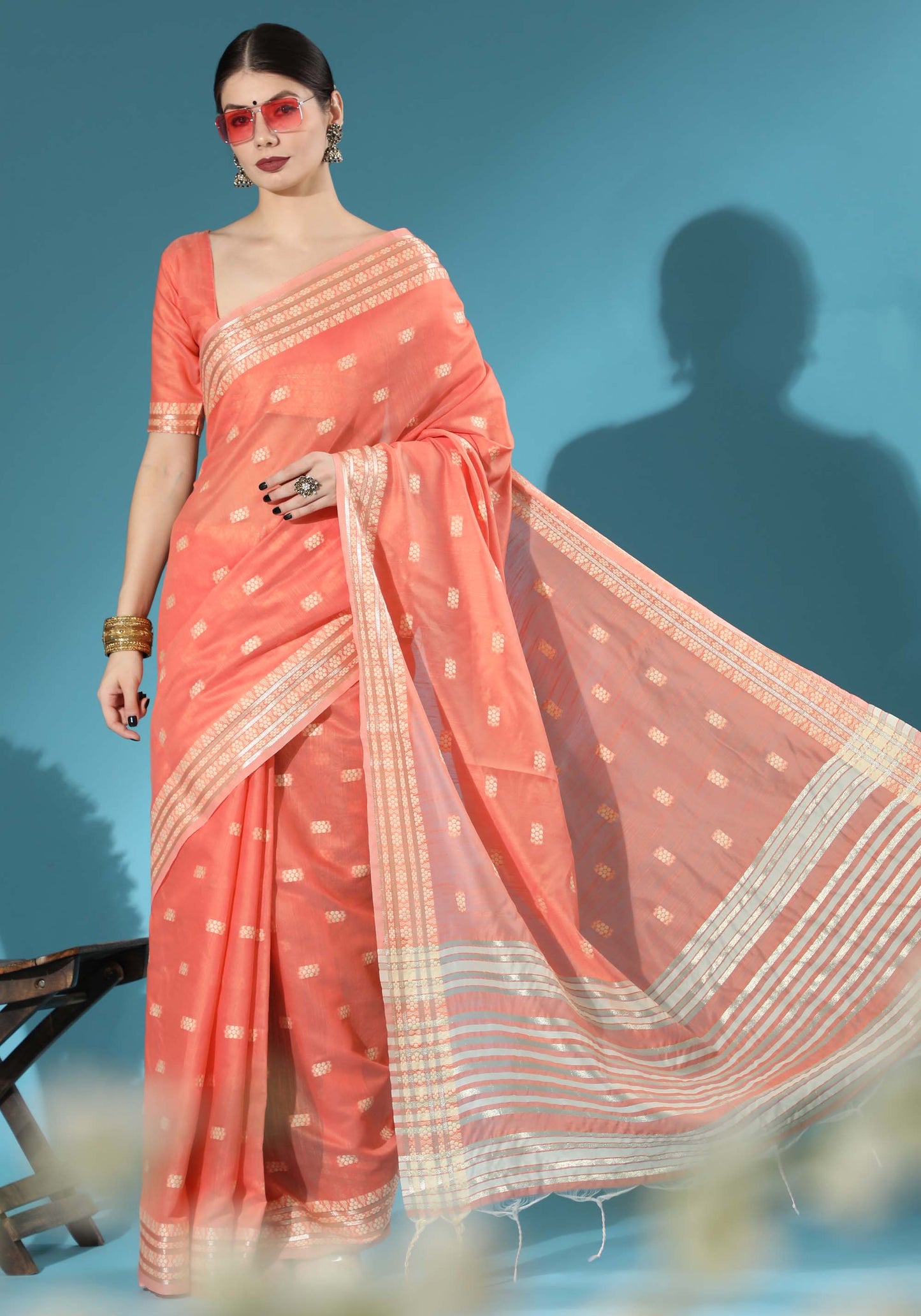 Orange Chikankari Woven Lucknowi Cotton Saree