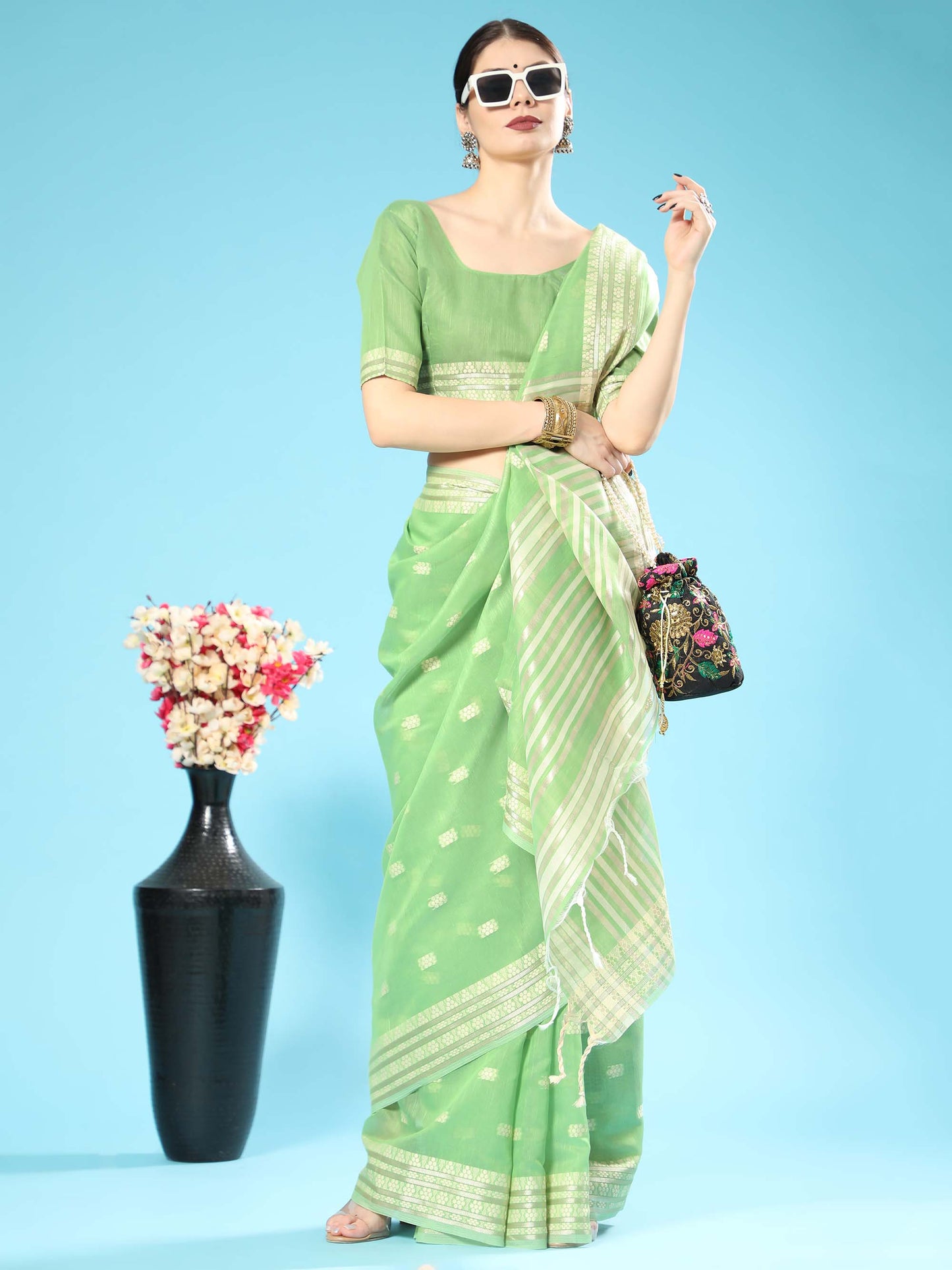 Pista Chikankari Woven Lucknowi Cotton Saree