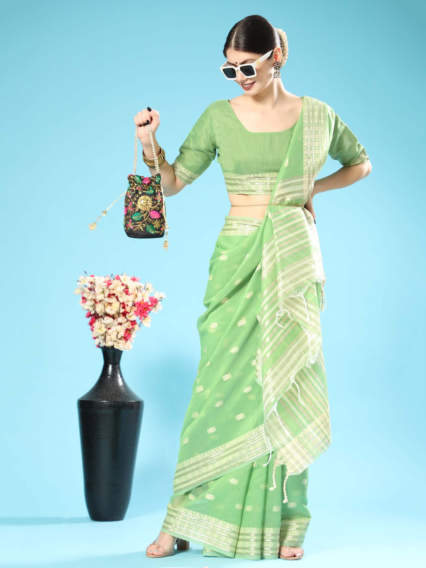 Pista Chikankari Woven Lucknowi Cotton Saree