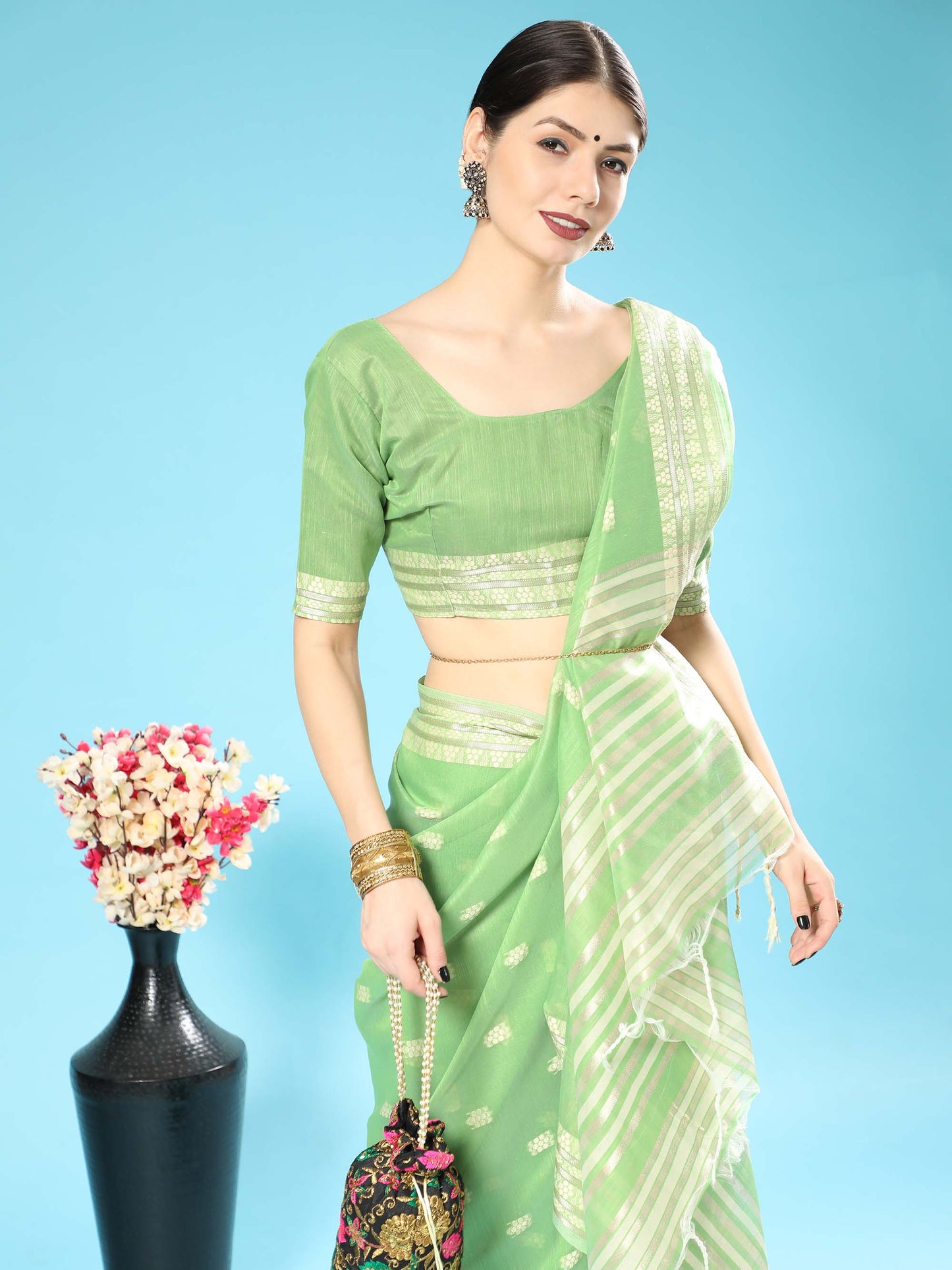 Pista Chikankari Woven Lucknowi Cotton Saree