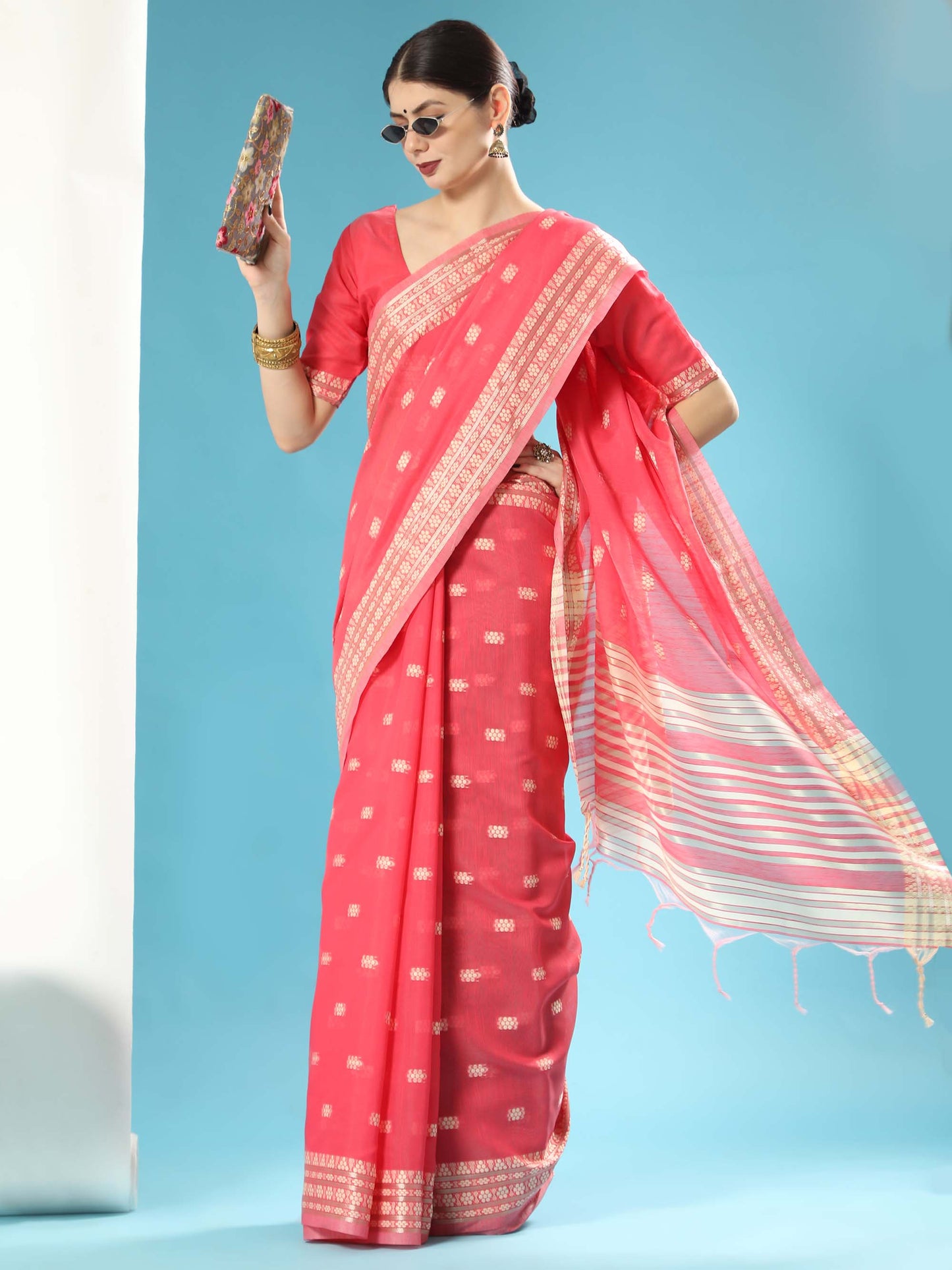 Red Chikankari Woven Lucknowi Cotton Saree