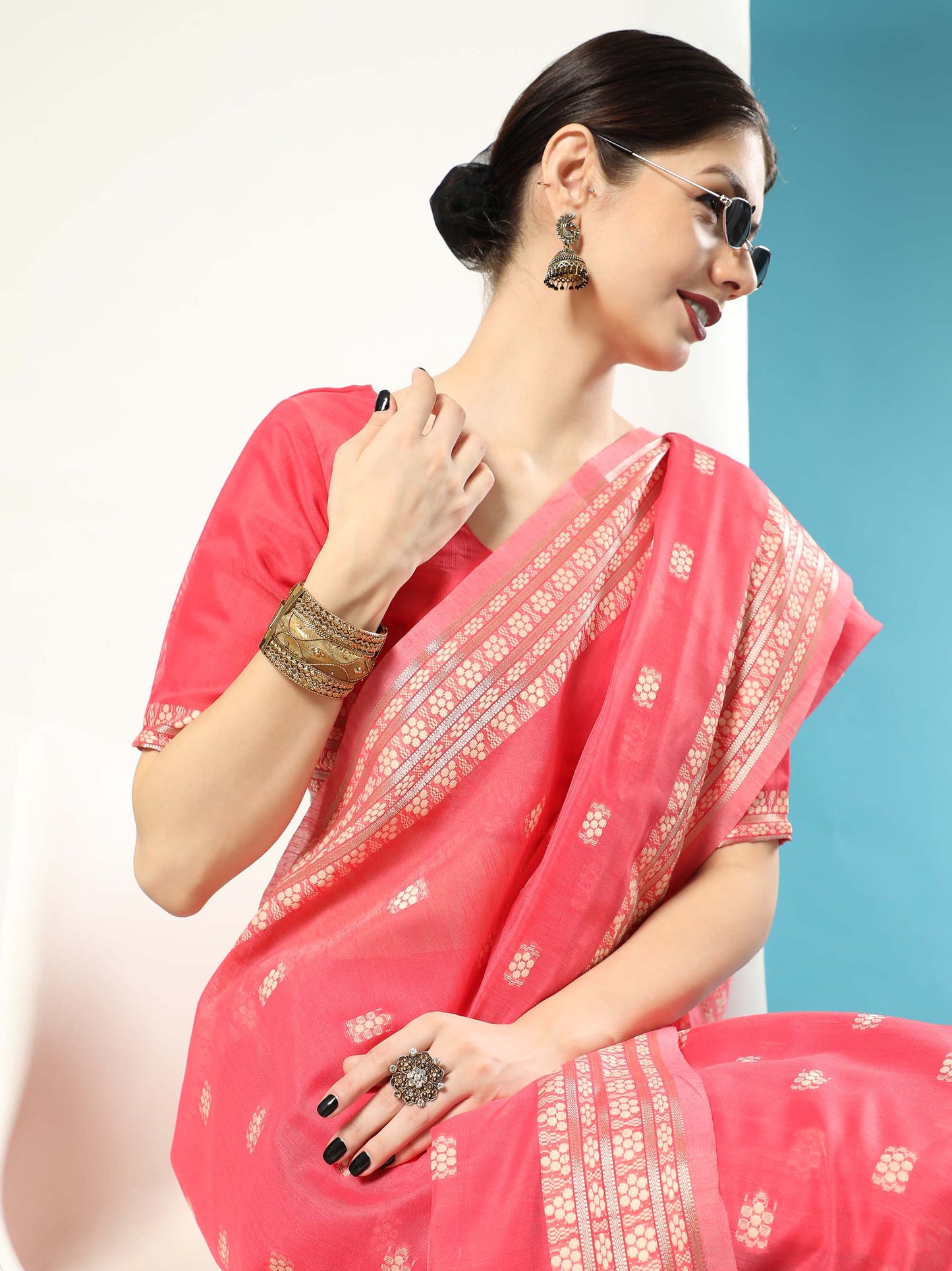 Red Chikankari Woven Lucknowi Cotton Saree