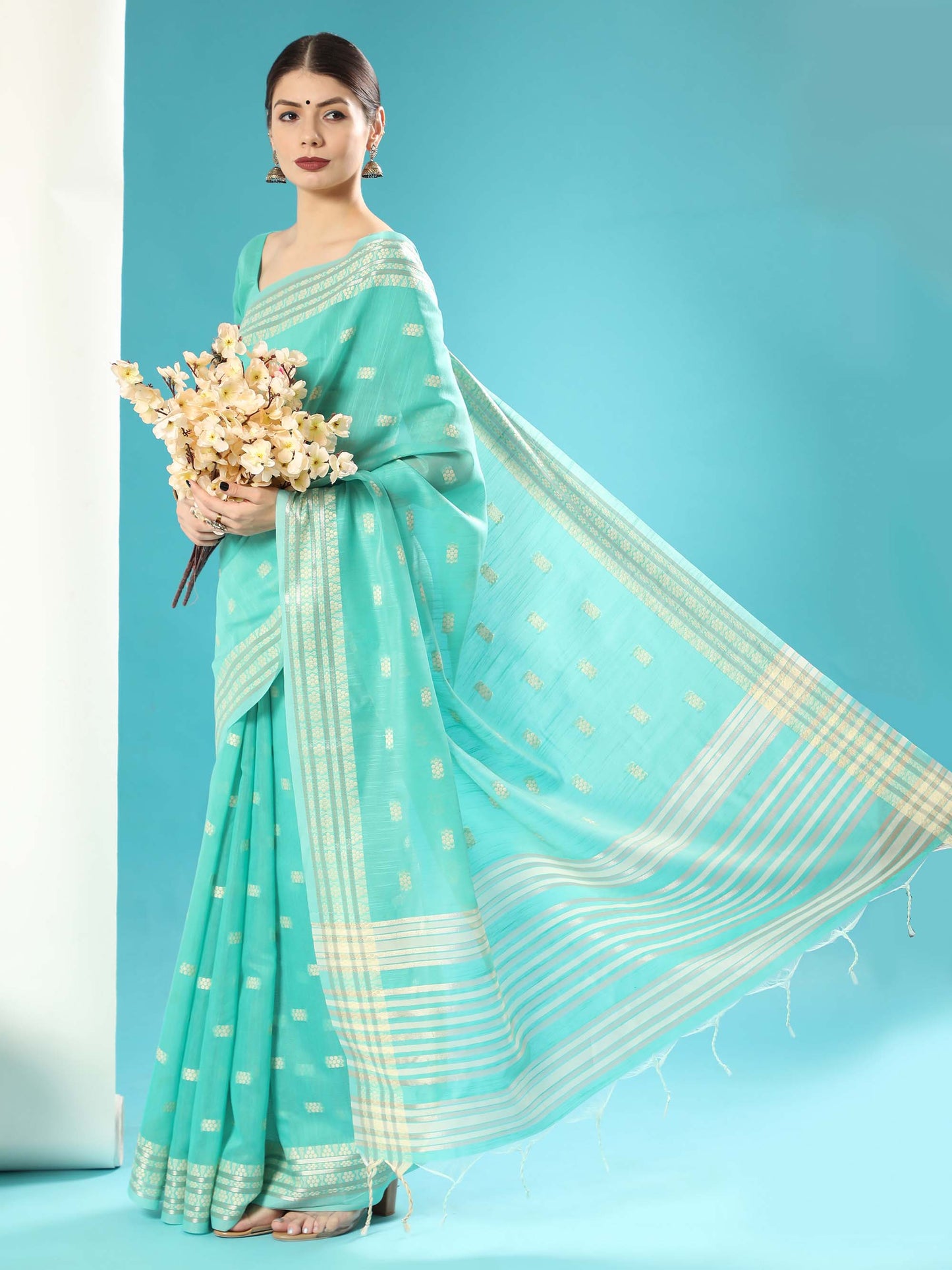 Sea Green Chikankari Woven Lucknowi Cotton Saree