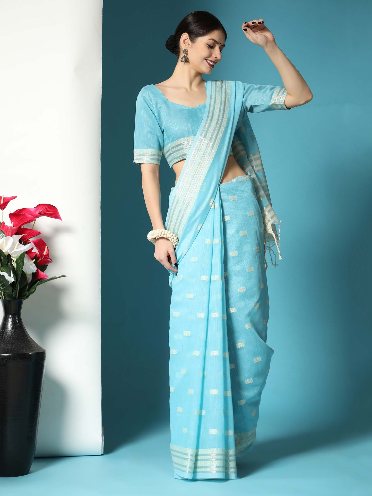 Sky Blue Chikankari Woven Lucknowi Cotton Saree