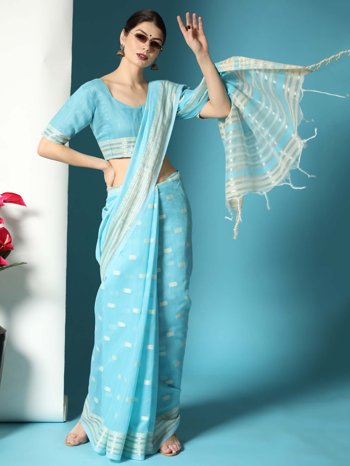 Sky Blue Chikankari Woven Lucknowi Cotton Saree