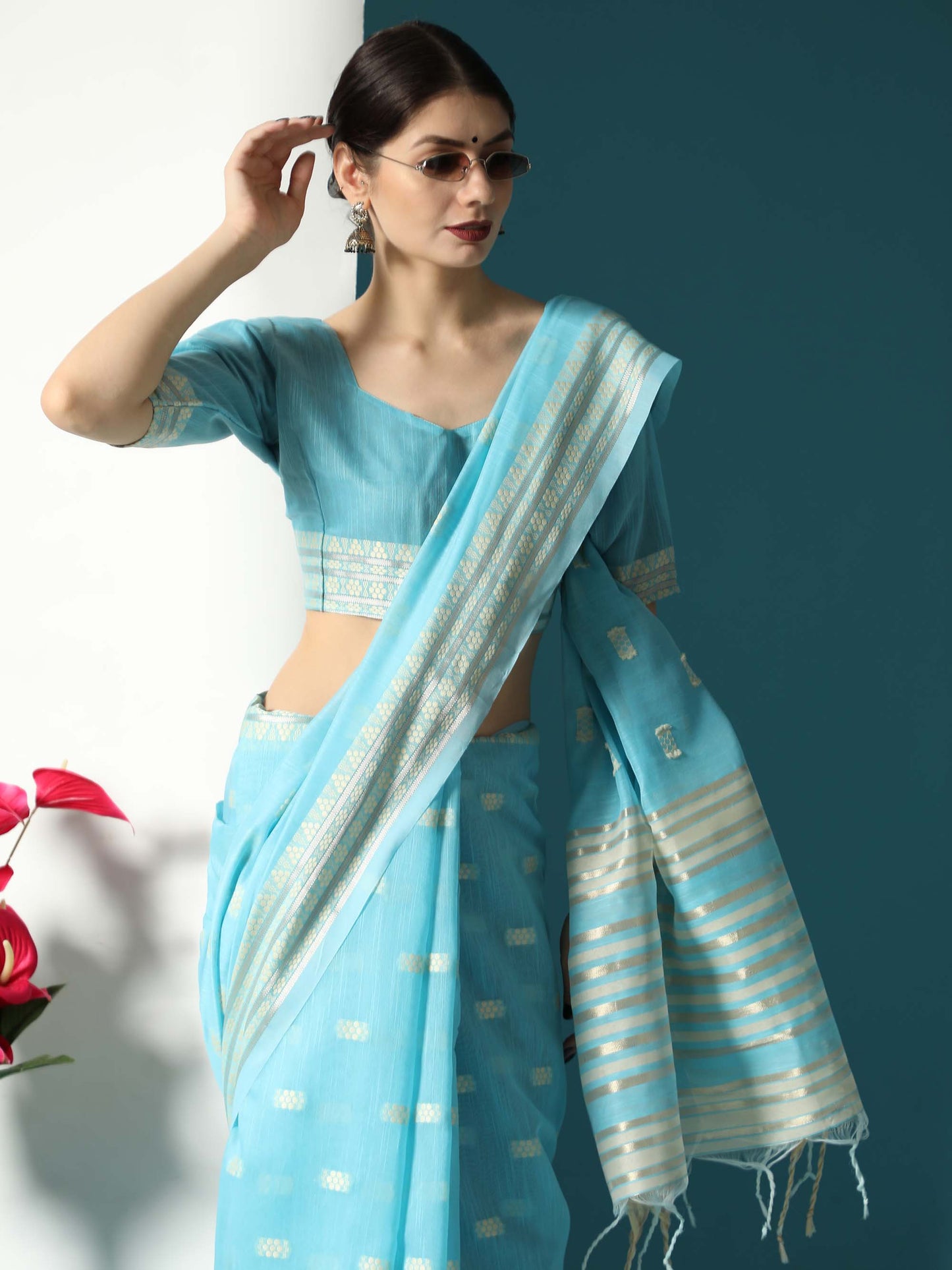 Sky Blue Chikankari Woven Lucknowi Cotton Saree