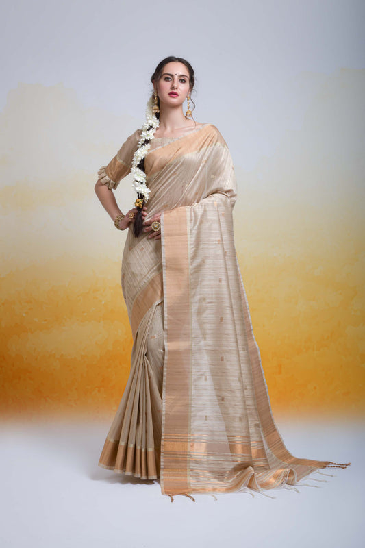 Butti Beige Zari Woven Cotton Silk Saree