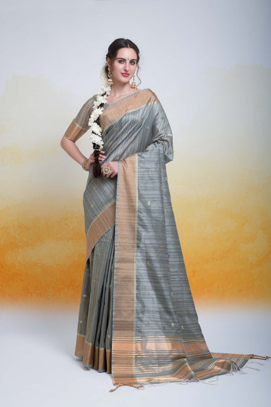 Butti Grey Zari Woven Cotton Silk Saree